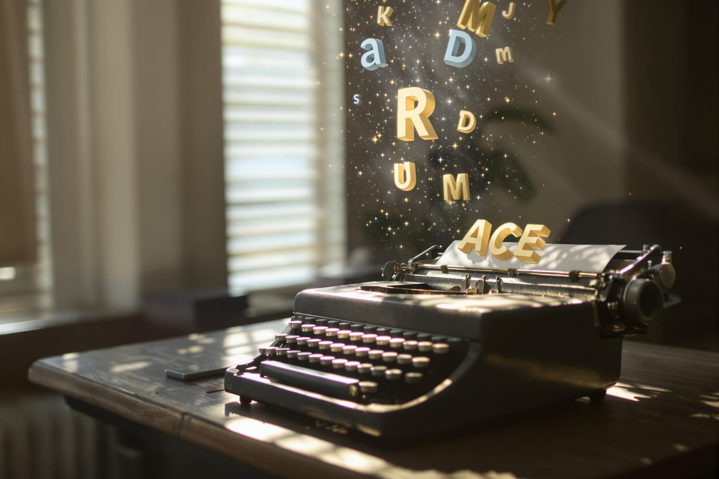 A vintage typewriter rests on a weathered wooden desk, keys gleaming under soft natural light. Suspended mid-air above it, bold, three-dimensional letters drift upward, glowing faintly as if evaporating into the ether. Dust particles shimmer in the sunlight that streaks through blinds, adding a magical and surreal touch.