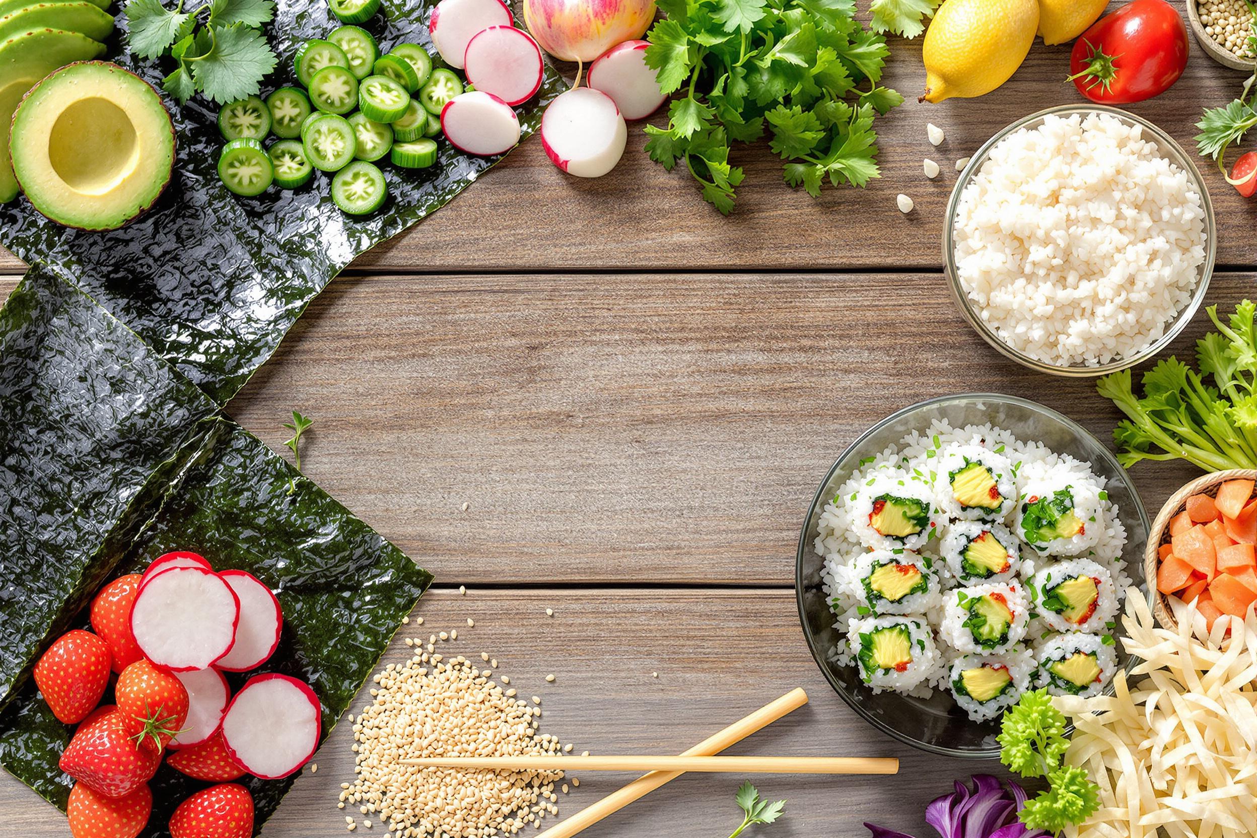 A vibrant flat lay arrangement showcases sushi-making ingredients on a rustic wooden table. Freshly sliced avocado, colorful radishes, and seaweed sheets are carefully placed alongside fluffy rice and sesame seeds. The soft midday sunlight illuminates the textures of the vegetables, while small utensils add a touch of preparation charm.