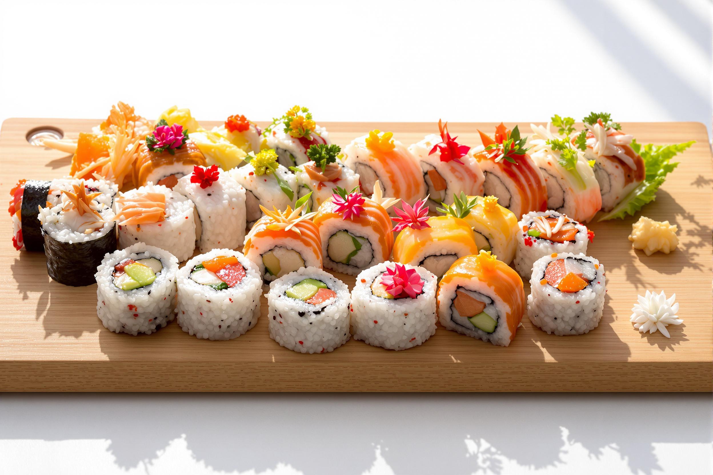 An artfully arranged sushi platter displays an exquisite selection of vibrant rolls atop a sleek wooden serving board. Each piece features colorful ingredients like fresh seafood, bright vegetables, and delicate garnishes. Soft shadows from natural light wrap around the dish, highlighting the intricate designs. The minimalist white background enhances the vivid hues of the sushi.