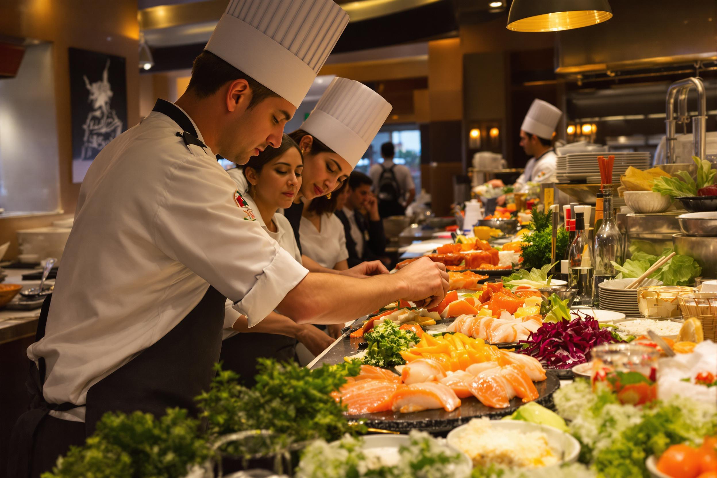 In a bustling sushi restaurant, a skilled chef expertly prepares sushi with precision. Fresh fish fillets, colorful vegetables, and glistening rice adorn the countertop, creating a vibrant array of colors. The warm evening lighting casts gentle shadows as diners in the background eagerly watch the delicate craft unfold.