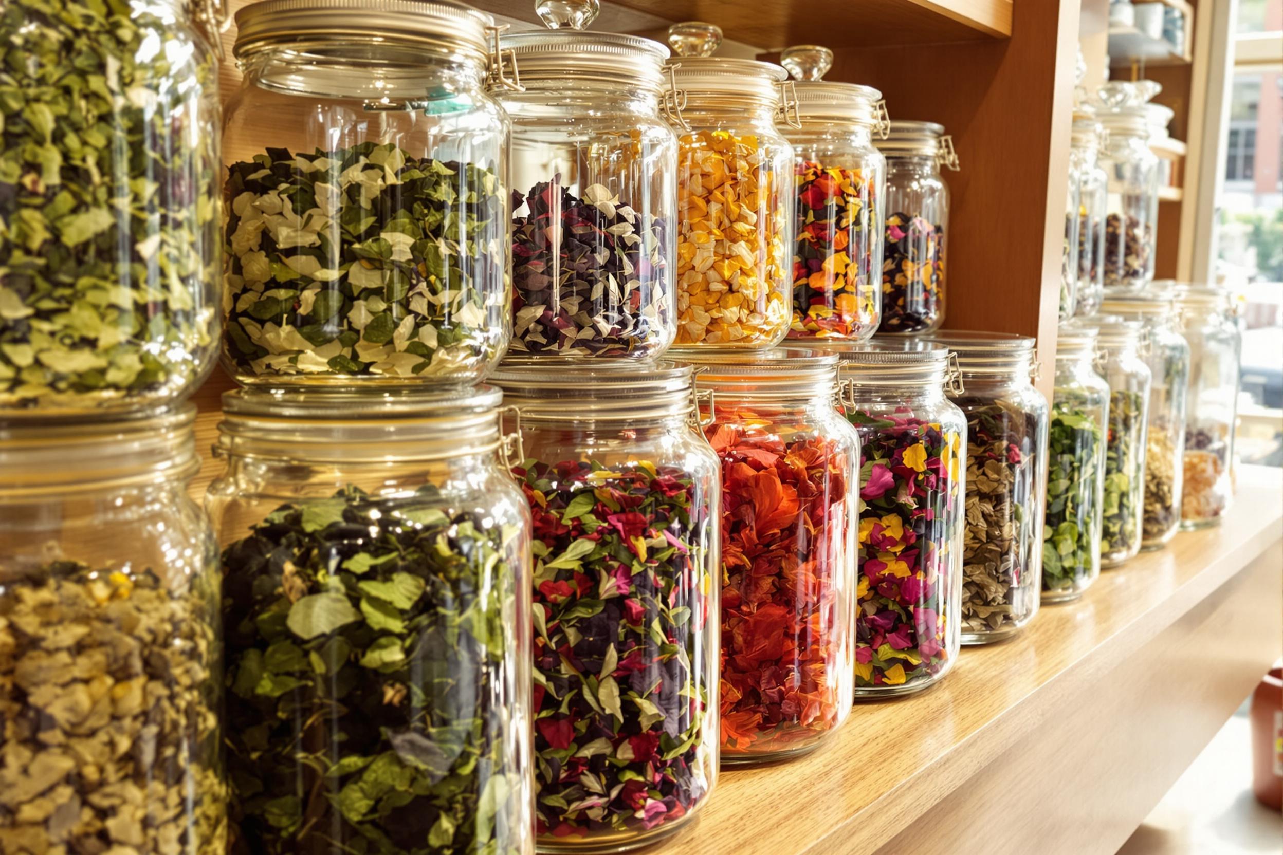 An inviting arrangement inside a specialty tea shop captures an array of unique tea blends displayed in glass jars. Each jar holds vibrant leaves and colorful spices, from deep green matcha to bright hibiscus flowers. Soft afternoon light filters through the window, casting gentle shadows and highlighting the intricate textures of the dried ingredients. A wooden counter adds organic warmth to the space.