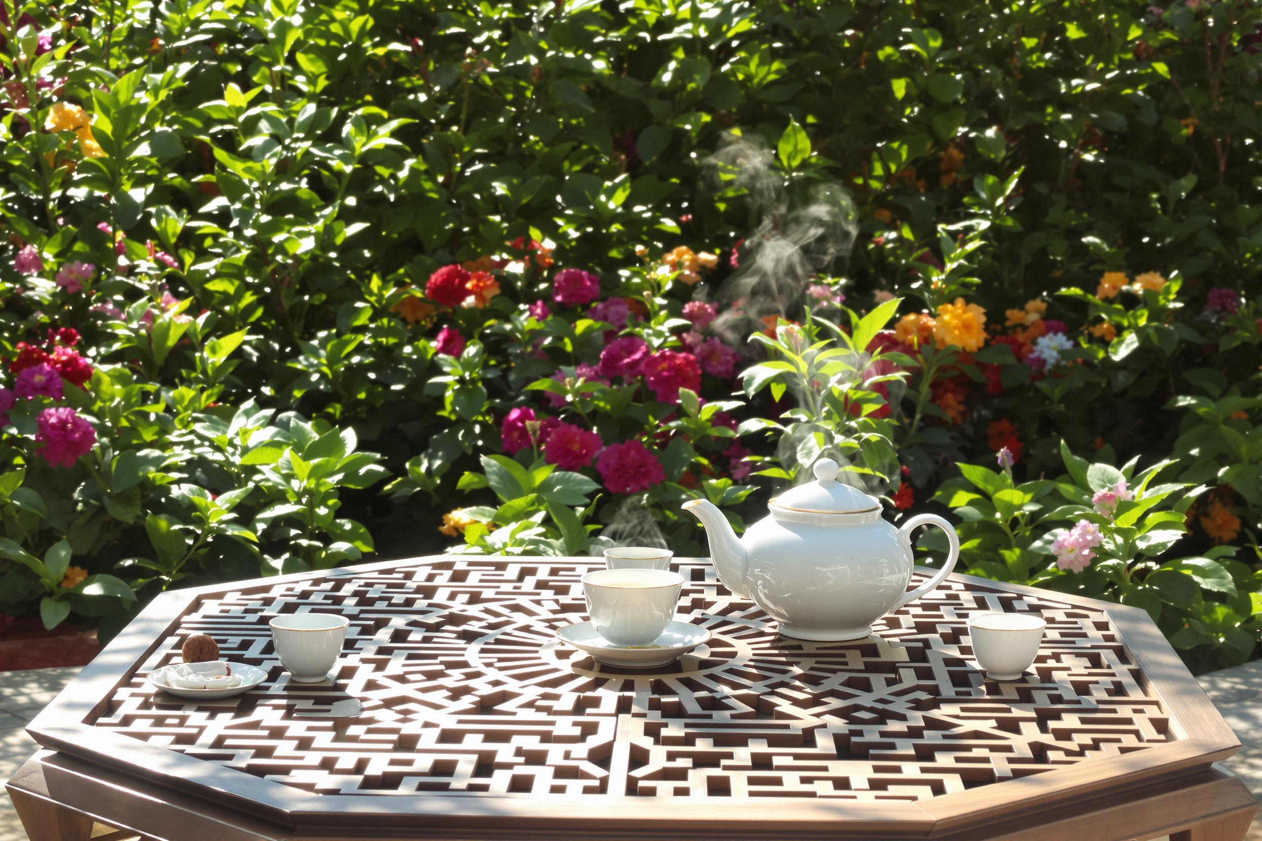 A serene tea ceremony unfolds in a sunlit garden, where an intricately designed wooden table showcases a delicate teapot and porcelain cups. Lush green foliage surrounds colorful blooms, while sunlight filters through the leaves, creating playful patterns on the table. Soft steam rises from the teapot, enhancing the tranquil atmosphere as nature's sounds blend softly in the background.