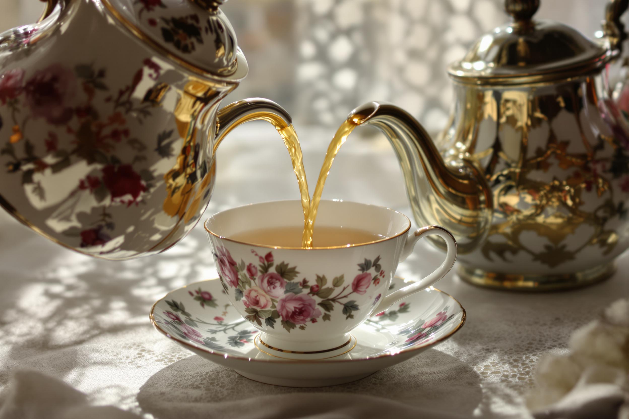 A close-up captures a porcelain teacup intricately painted with floral motifs, as warm golden tea flows into it from an ornate kettle. Soft afternoon light filters through lace curtains, creating delicate shadows on the surface. The background blurs gently, accentuating the rich color and steam rising from the cup, evoking a warm, inviting atmosphere.