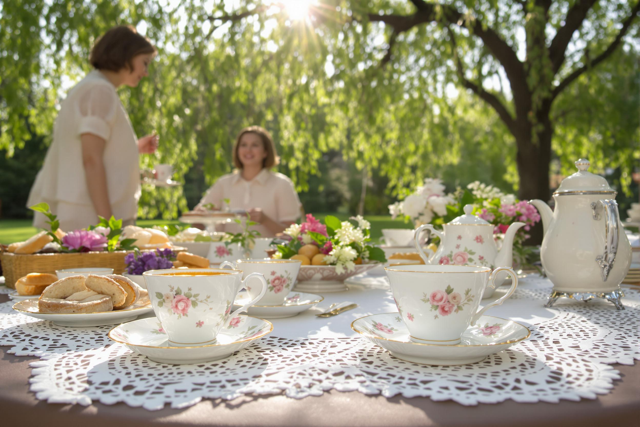 An elegant outdoor tea party unfolds under the gentle shade of a willow tree. Delicate porcelain teacups with floral patterns rest atop intricately embroidered lace doilies. A vintage table is adorned with fresh flowers and assorted pastries, basking in the soft afternoon light filtering through leaves. Guests dressed in light pastel outfits engage in conversation, enhancing the idyllic scene.