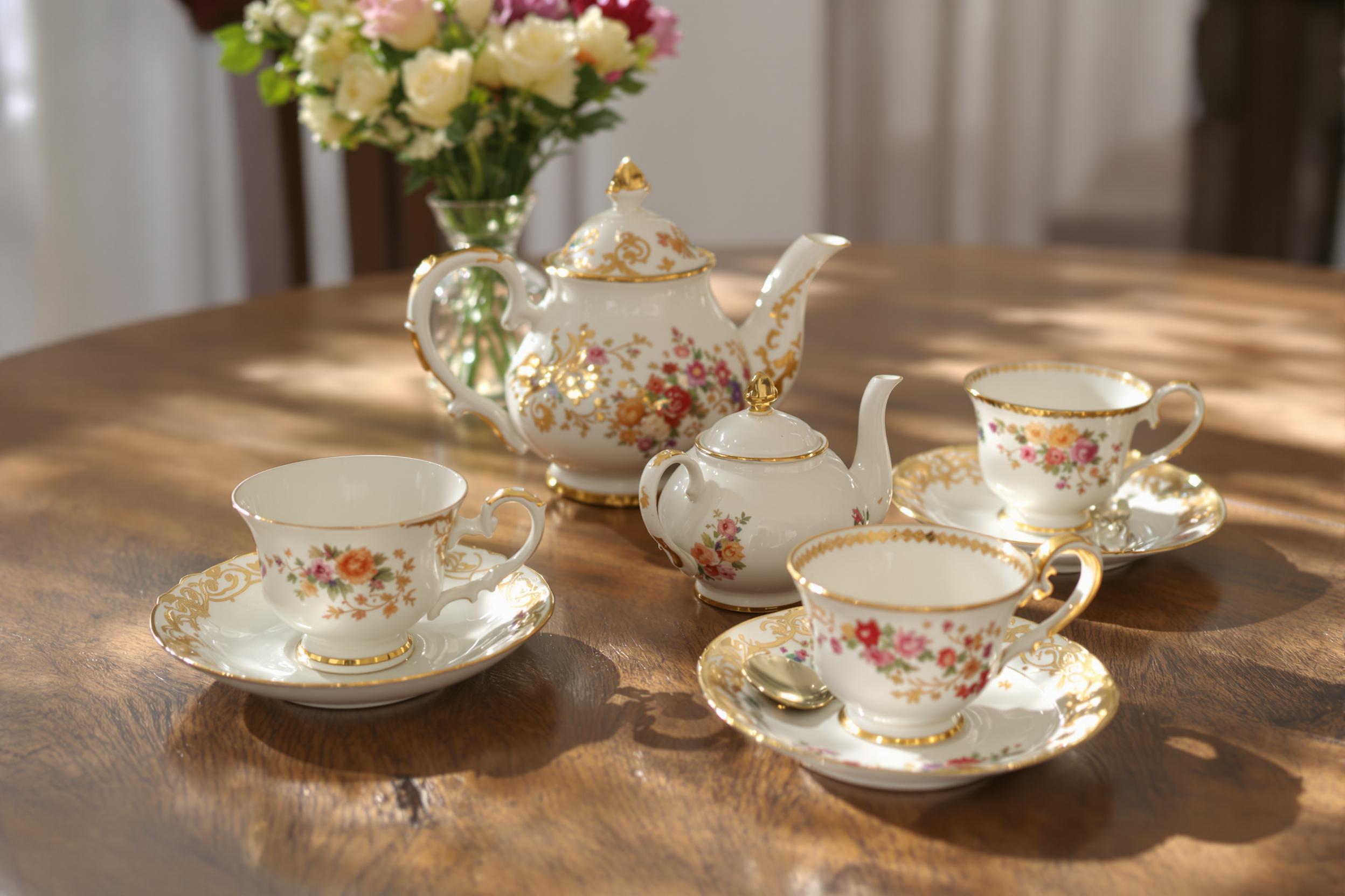 An exquisite ornate tea set is delicately arranged on a vintage wooden table, showcasing floral motifs and intricate gold detailing. The soft morning light gently highlights the delicate porcelain pieces, casting subtle shadows on the table’s rich texture. A small vase with fresh flowers rests nearby, enhancing the inviting, charming atmosphere.