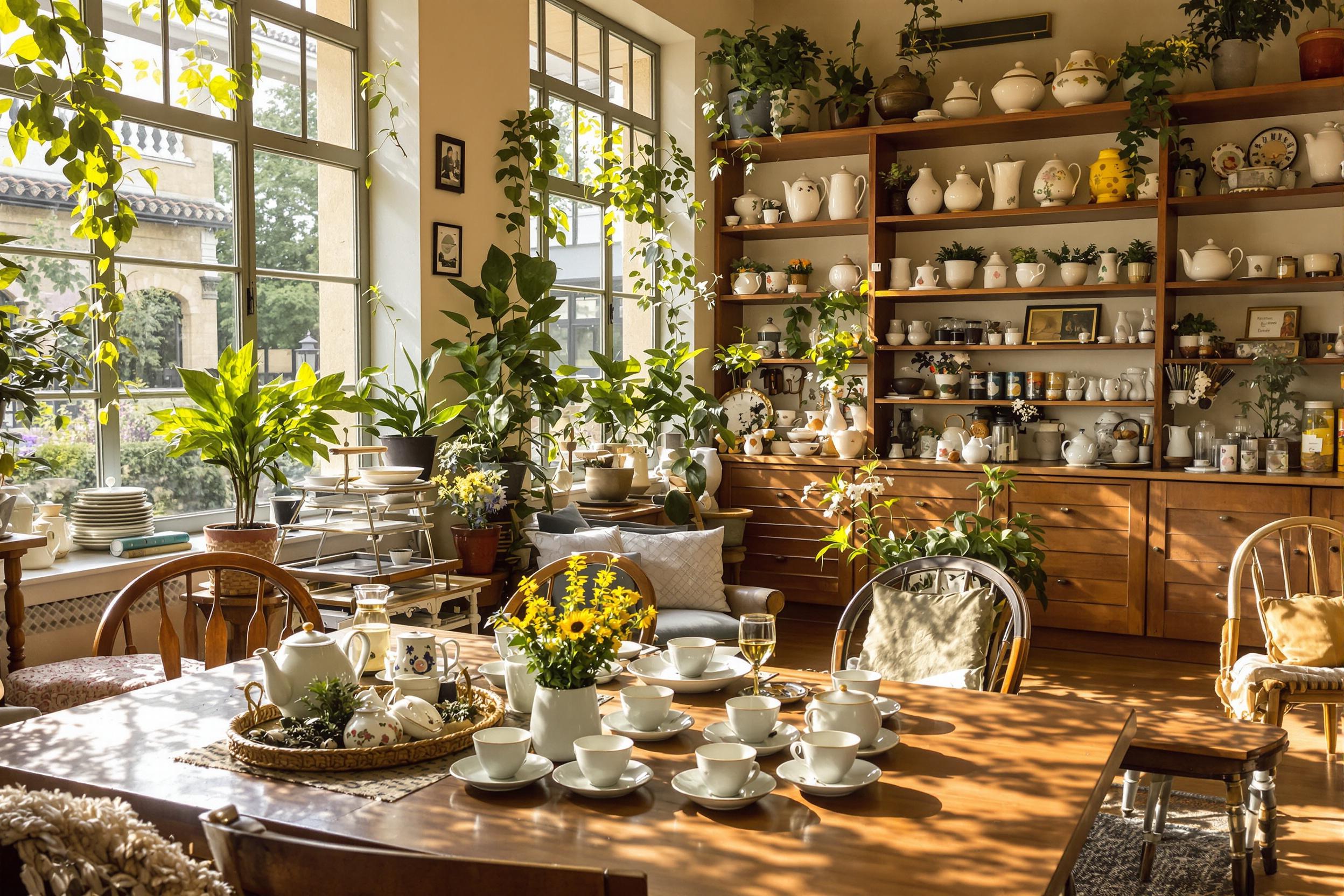 A cozy tea shop interior welcomes visitors with warm, diffused afternoon light filtering through large windows. Wooden tables, adorned with delicate teacups and fragrant herbs, create an inviting atmosphere. Vintage teapots line the shelves, showcasing beautiful porcelain designs. Potted plants add a touch of greenery, while comfortable seating invites guests to unwind.