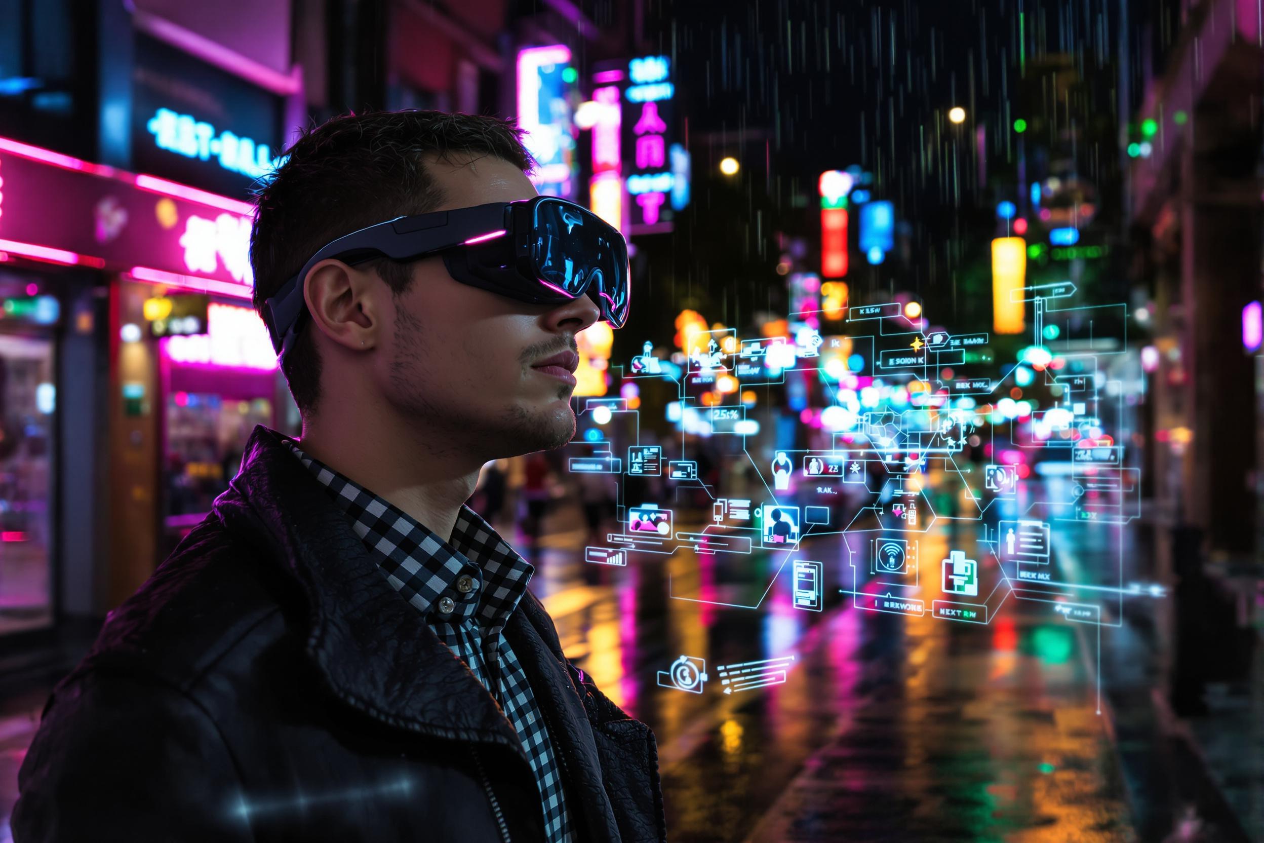 A young professional wearing sleek augmented reality (AR) glasses stands on a rainy city street at night. Neon pink, blue, and green lights from nearby signs reflect on wet pavement and the glasses’ glossy lenses. The subject interacts with digital interfaces visible as holographic overlays, blending advanced technology with the vivid urban nightlife.