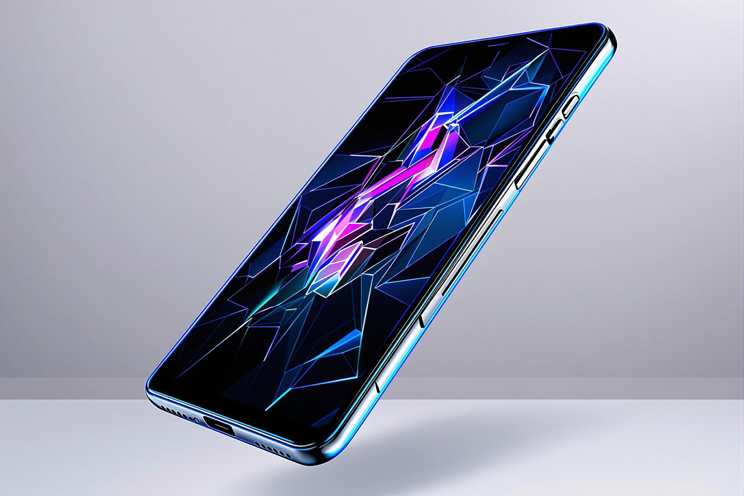 A sleek futuristic smartphone floats mid-air in a dark studio setting. Its edge-to-edge OLED screen displays vivid neon hues in geometric patterns, radiating a soft luminous glow. The phone's sides mirror subtle metallic reflections, blending silver with deep blue tones. Dynamic shadows enhance the levitating effect against a black backdrop.