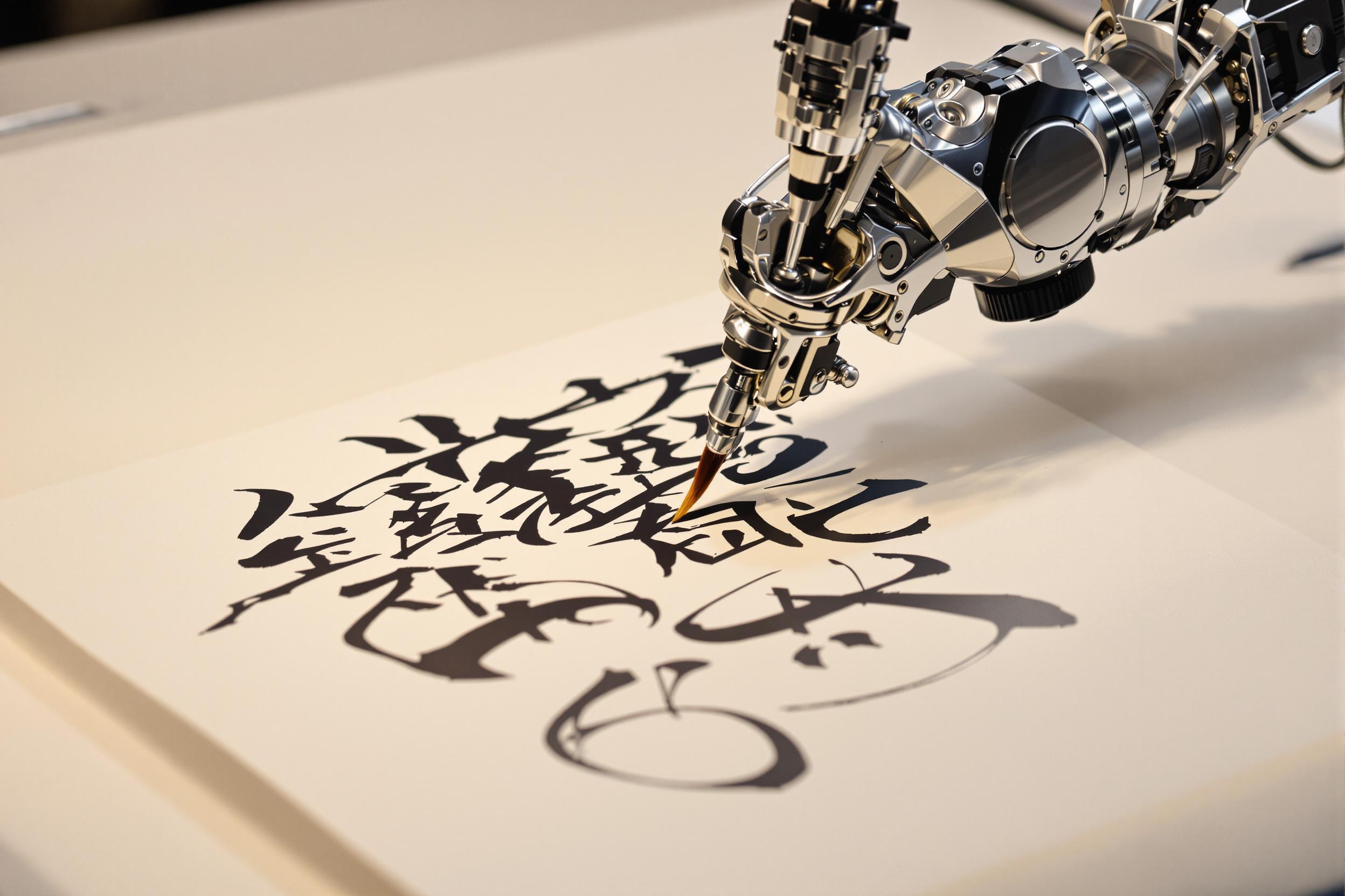 A futuristic robotic arm delicately crafts intricate traditional calligraphy strokes with a brush dipped in black ink. Richly detailed, its metallic joints gleam under warm overhead light, contrasting the organic texture of parchment below. The minimal backdrop evokes a studio setting focused purely on this fusion of advanced technology and classic artistry.