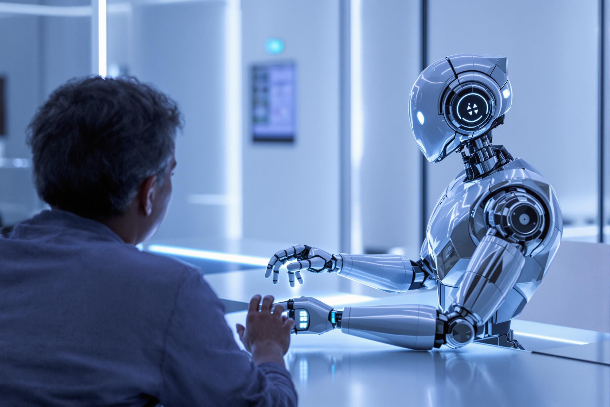 A humanoid robot with sleek metallic features sits across from a human user at an interactive workspace. The robot's LED-lit 'eyes' glow softly as it extends its tactile arm toward the human's hand, suggesting communication. Cool, ambient light diffuses through the high-tech room with smooth, polished surfaces and minimalist decor.