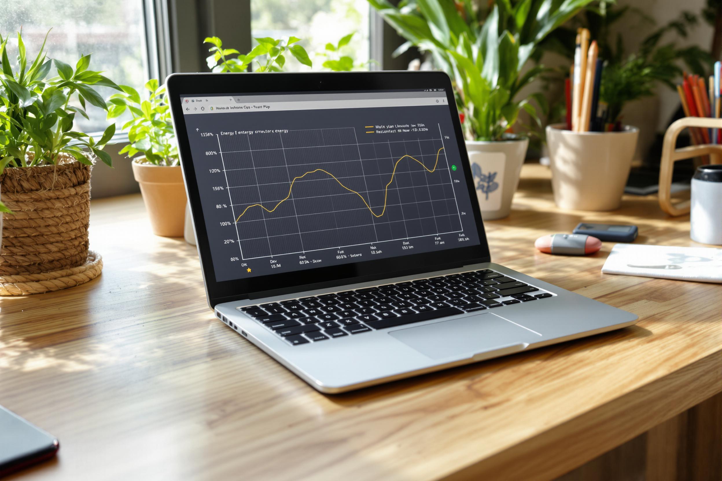 An eco-friendly laptop with built-in solar panels on its lid, placed on a wooden desk near a sunlit window. The laptop's screen displays a graph of real-time energy production and consumption. Plants and other sustainable office supplies surround the device, emphasizing the green tech concept.