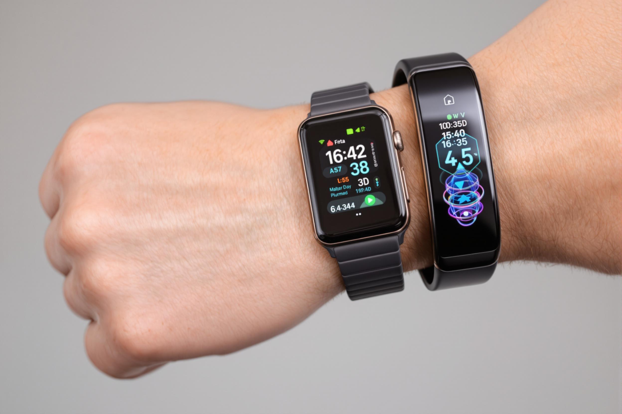 Close-up of a person's arm wearing multiple cutting-edge wearable devices. A smartwatch, fitness tracker, and augmented reality bracelet are visible, each with vibrant OLED displays showing health data, notifications, and 3D holograms. Soft studio lighting highlights the sleek designs.