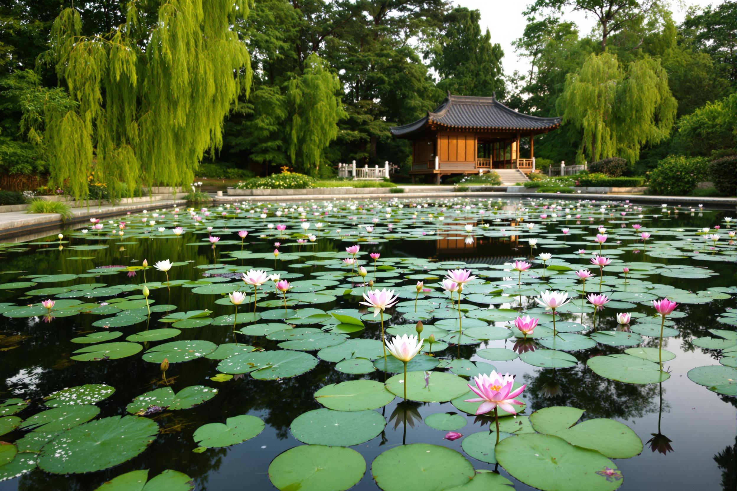 A tranquil temple garden unfolds at dawn, showcasing a serene pond filled with blooming lotus flowers. Delicate pink and white petals float gracefully atop the calm water, reflecting the gentle light. Surrounding lush greenery frames the scene, while smooth stones lead towards the traditional wooden pavilion nestled among the trees, adding an element of harmony.