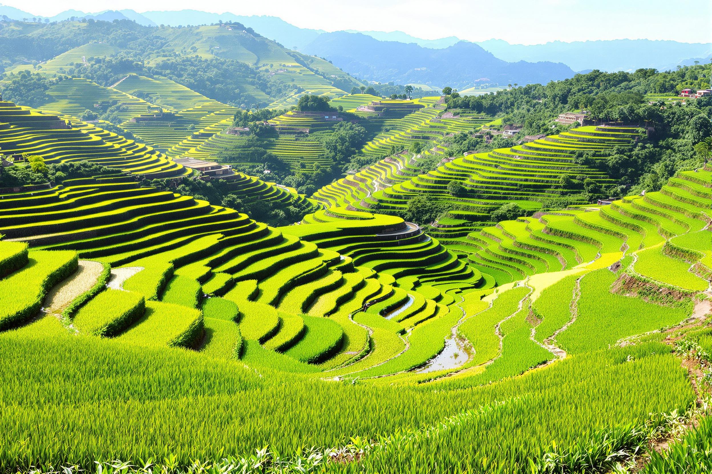 Cascading terraces stretch across vibrant hills, showcasing lush green rice paddies under bright daylight. The unique stepped landscape creates stunning patterns, while gentle shadows emphasize depth. Reflective water pooled within certain rows adds shimmering details that contrast against vivid greenery, framed by distant rolling mountains.