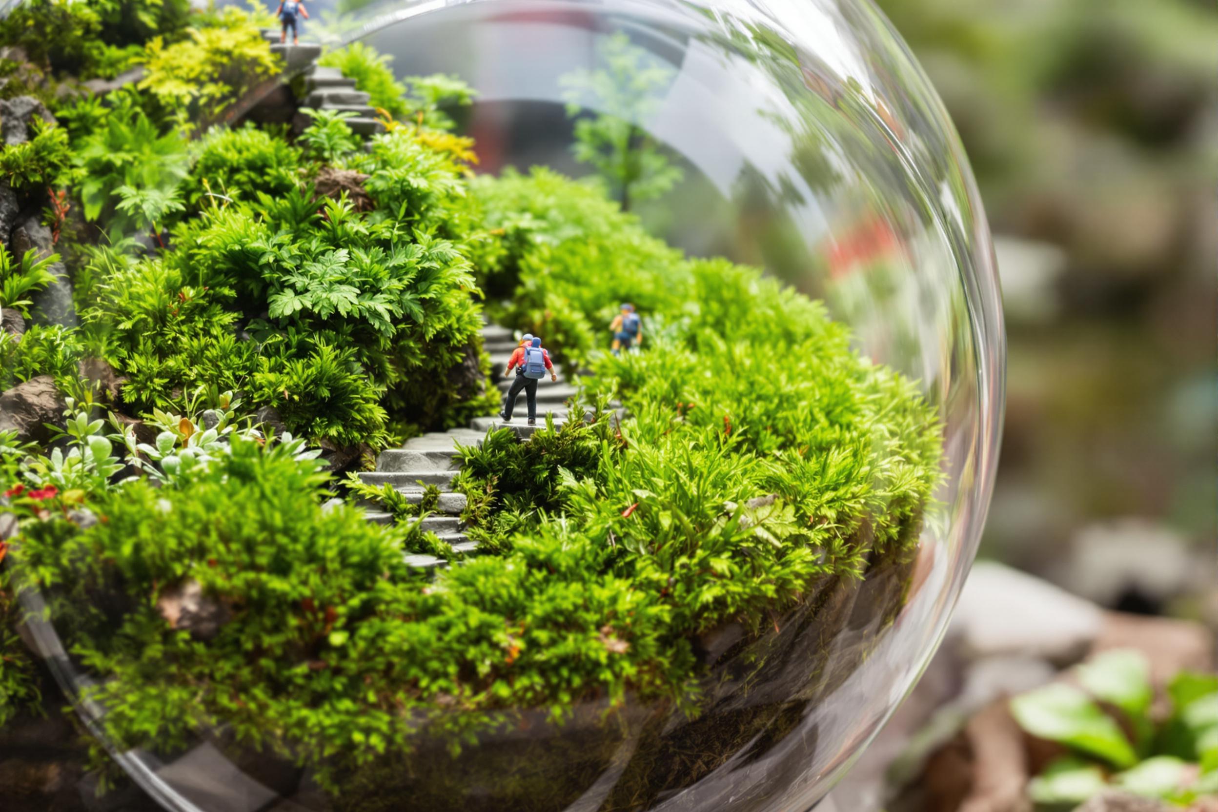 A close-up view features an intricate glass terrarium containing vibrant green moss landscapes. Tiny figurines of hikers scale a small stone path winding through the natural terrain. Soft daylight filters gently, emphasizing surface textures and the glossy sheen of the glass dome as the blurred background heightens depth.