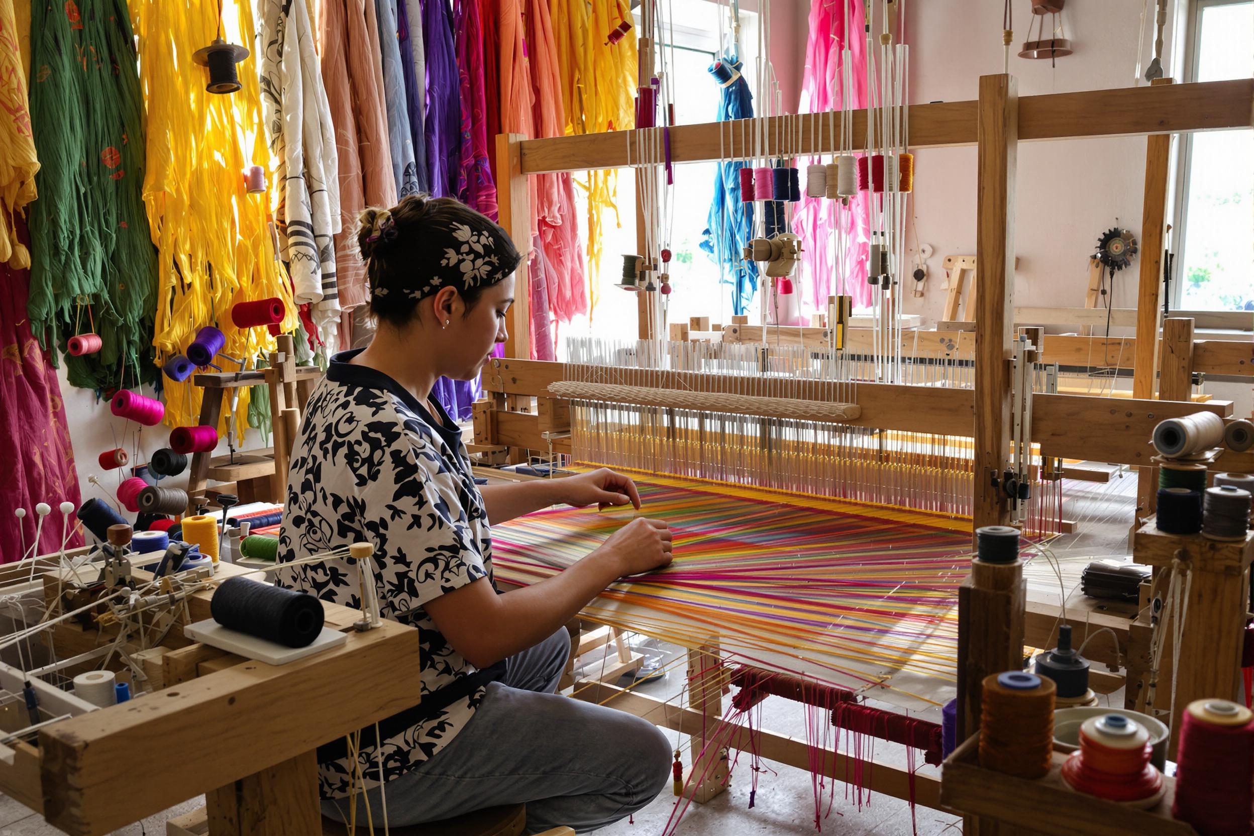 A skilled artisan's hands work deftly at a wooden loom, creating beautiful woven patterns with vibrant threads. The workshop is filled with colorful textiles hanging on the walls and natural light streaming through a nearby window. Spools of thread in varied hues add pops of color around, accentuating the craft's rich textures.