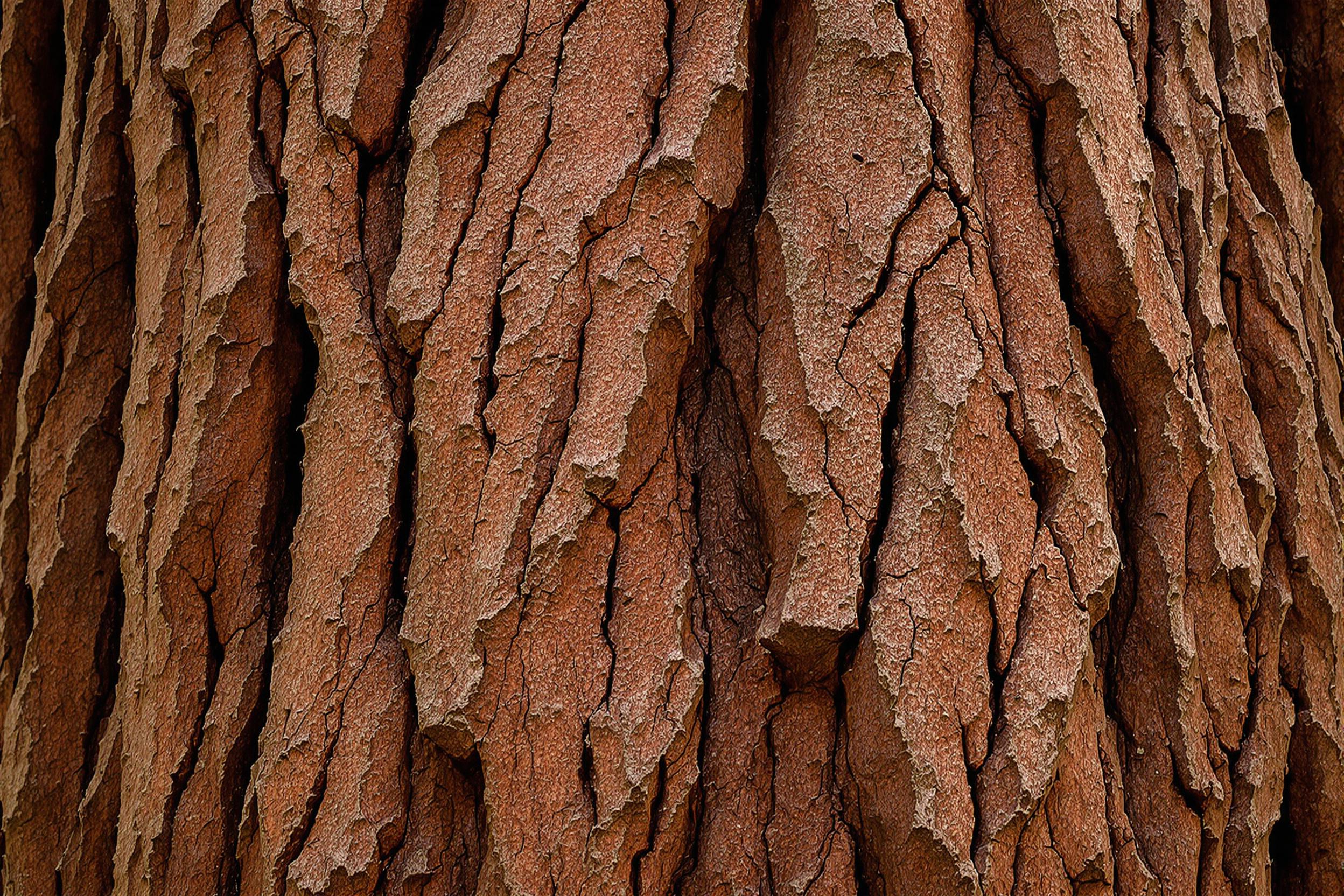 Close-up photograph of the deeply furrowed bark on a centuries-old redwood tree, showcasing nature's intricate textures. Rich reddish-brown hues and deep shadows emphasize the complex patterns formed over decades of growth.