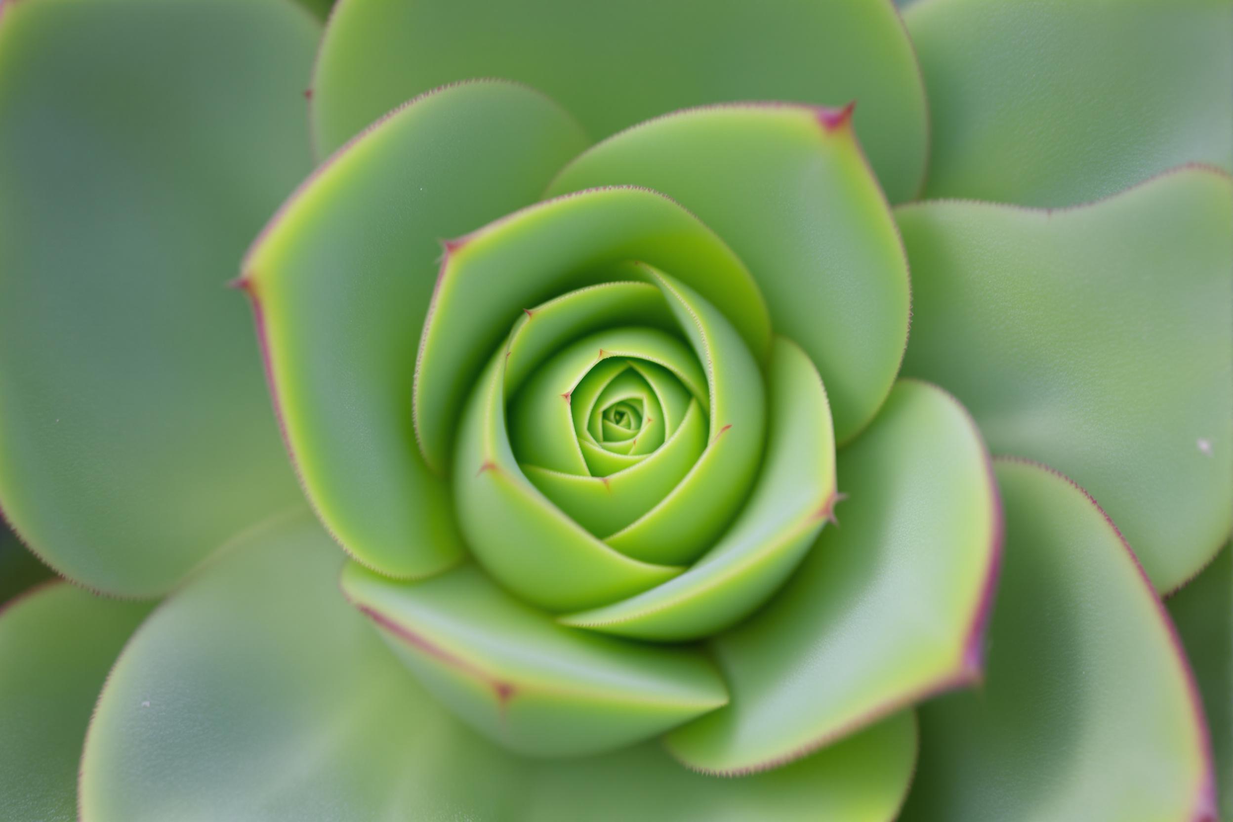 Macro photograph capturing the mesmerizing spiral pattern of a succulent plant. Vibrant green leaves form a perfect Fibonacci sequence, showcasing nature's mathematical precision. Soft lighting accentuates the subtle texture and gradient of hues.