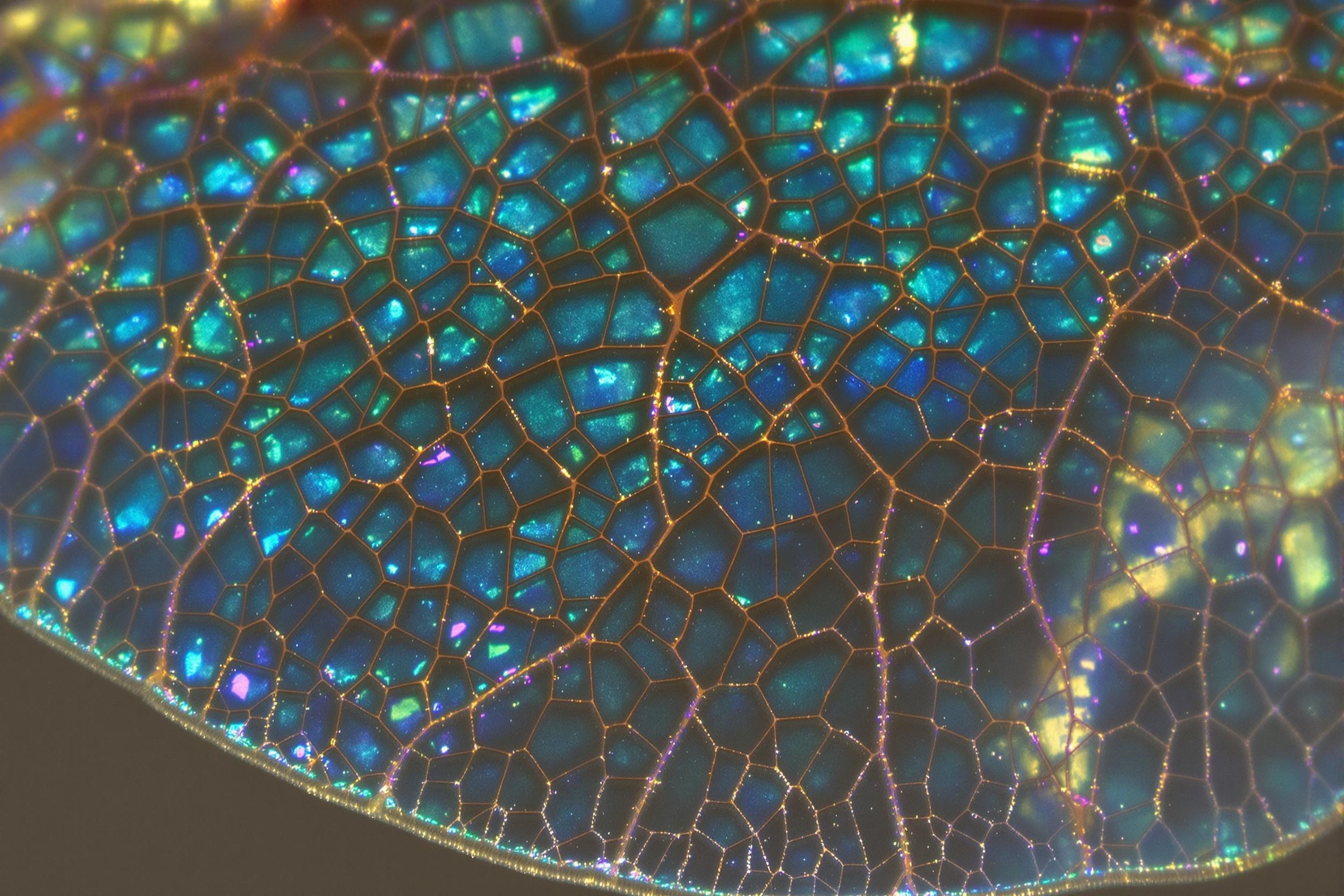 Macro photograph revealing the intricate, transparent texture of a dragonfly's wing. Delicate veins form a mesmerizing lattice pattern, with light refracting through the gossamer-thin membrane to create a stunning iridescent effect.