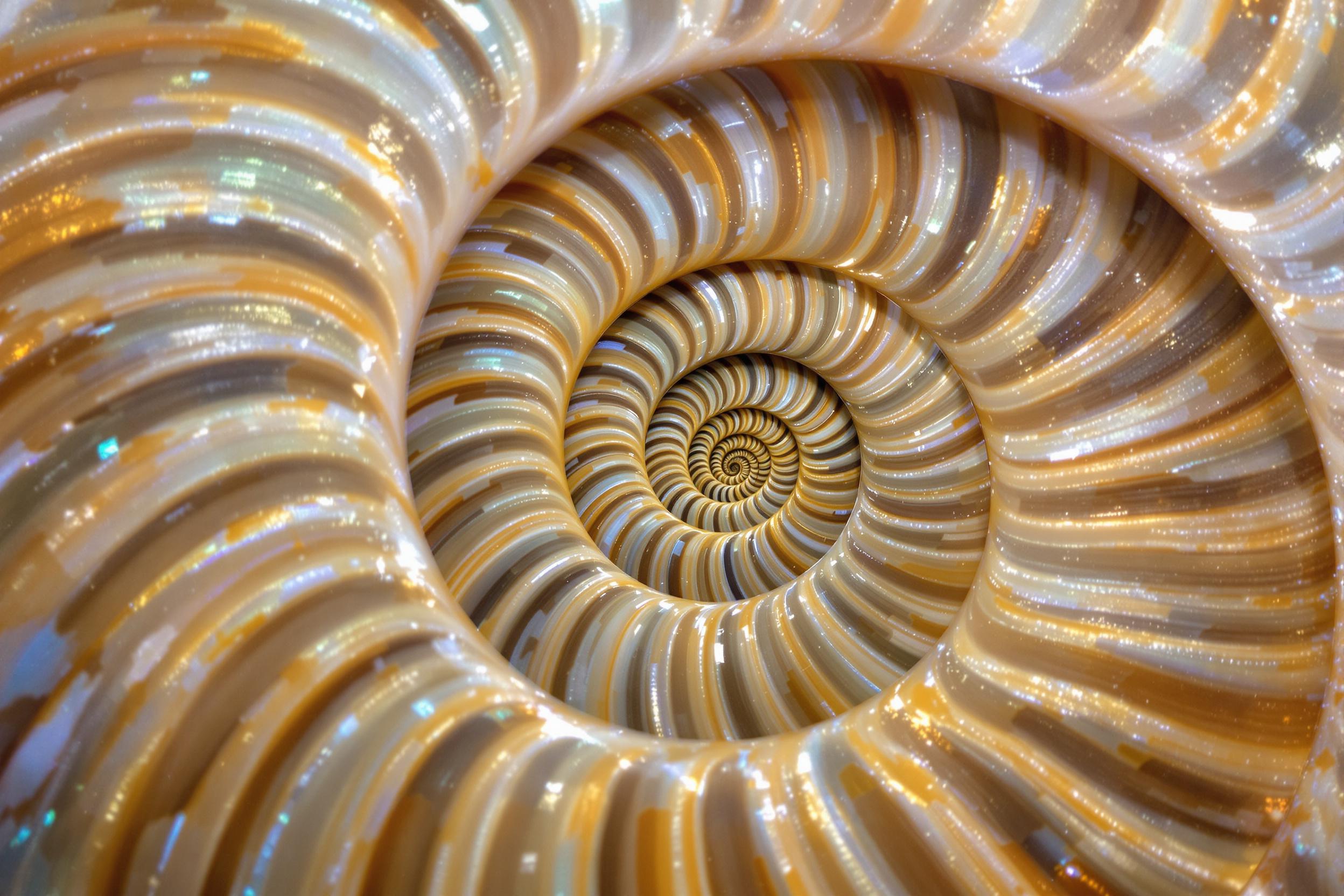 Close-up photograph of a nautilus shell's intricate spiral chambers. The image showcases nature's perfect geometry, with fibonacci-like patterns and pearlescent hues creating a mesmerizing texture study.