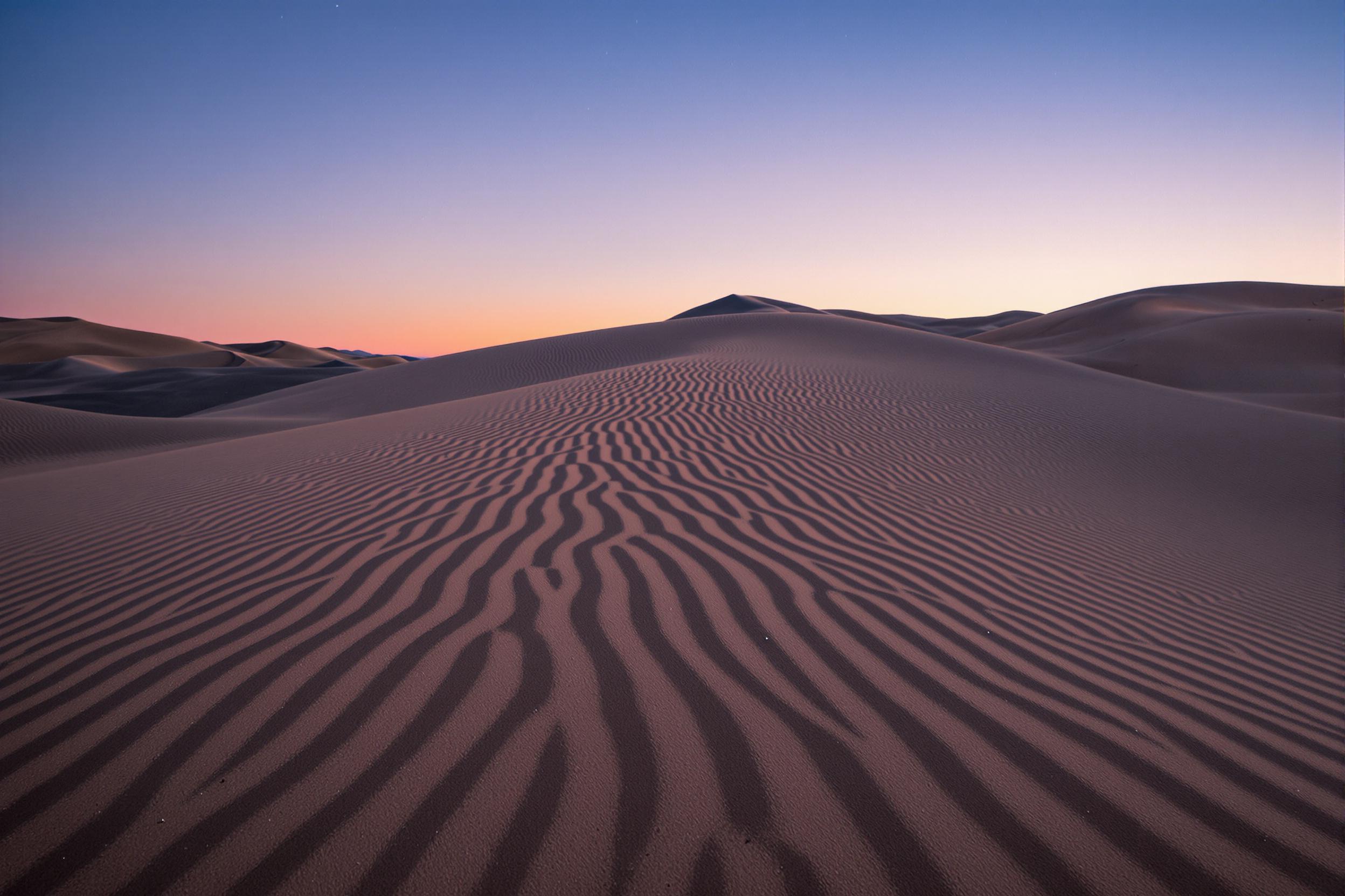 Discover the mesmerizing interplay of light and shadow across wind-sculpted sand dunes at twilight. This captivating image showcases nature's ability to create stunning geometric patterns, with rippling lines etched into the desert landscape.