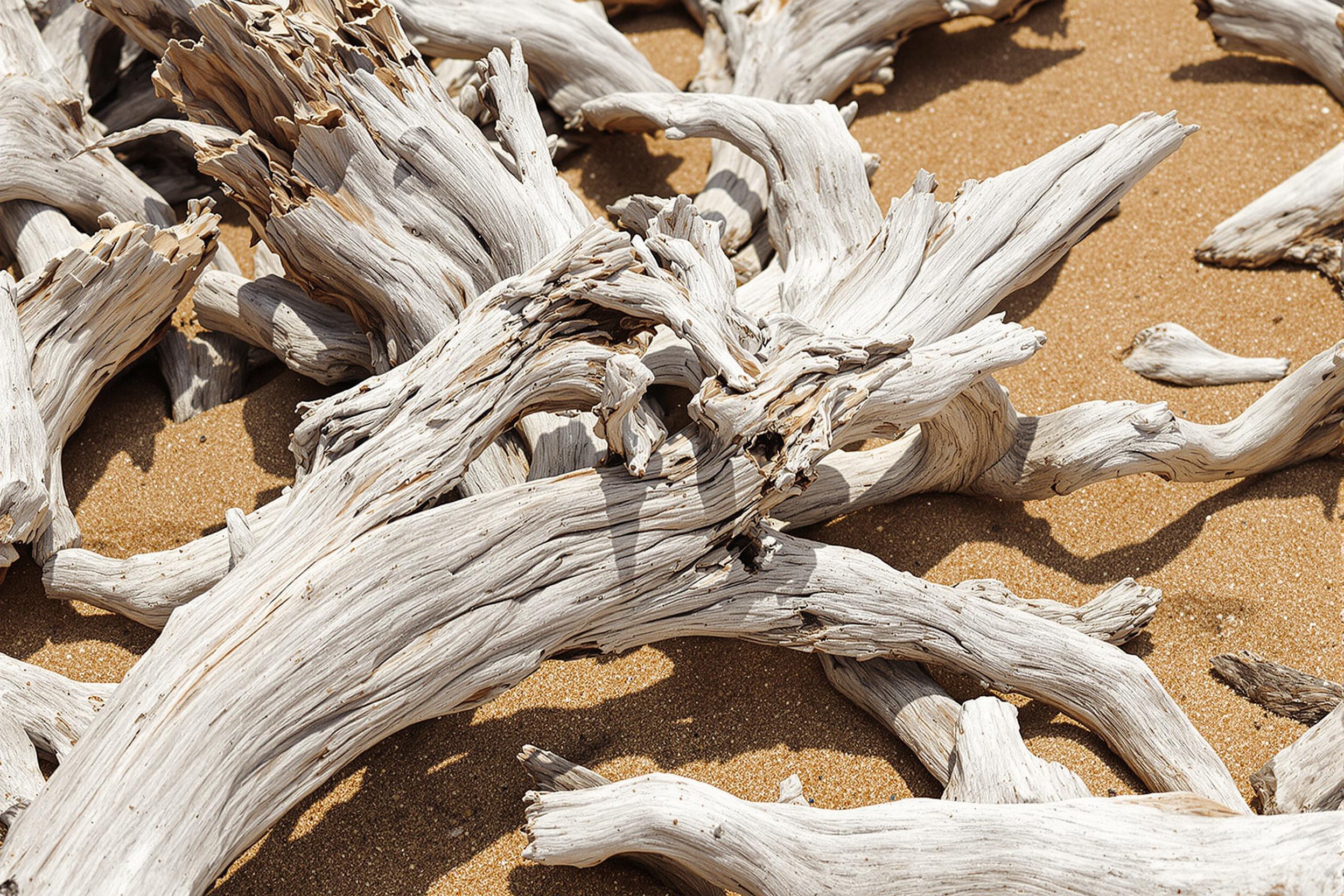 Close-up of sun-bleached driftwood pieces scattered on a sandy beach, showcasing intricate grain patterns and weathered textures. Natural light highlights the wood's silvery hues against the warm, golden sand, creating a serene coastal composition.