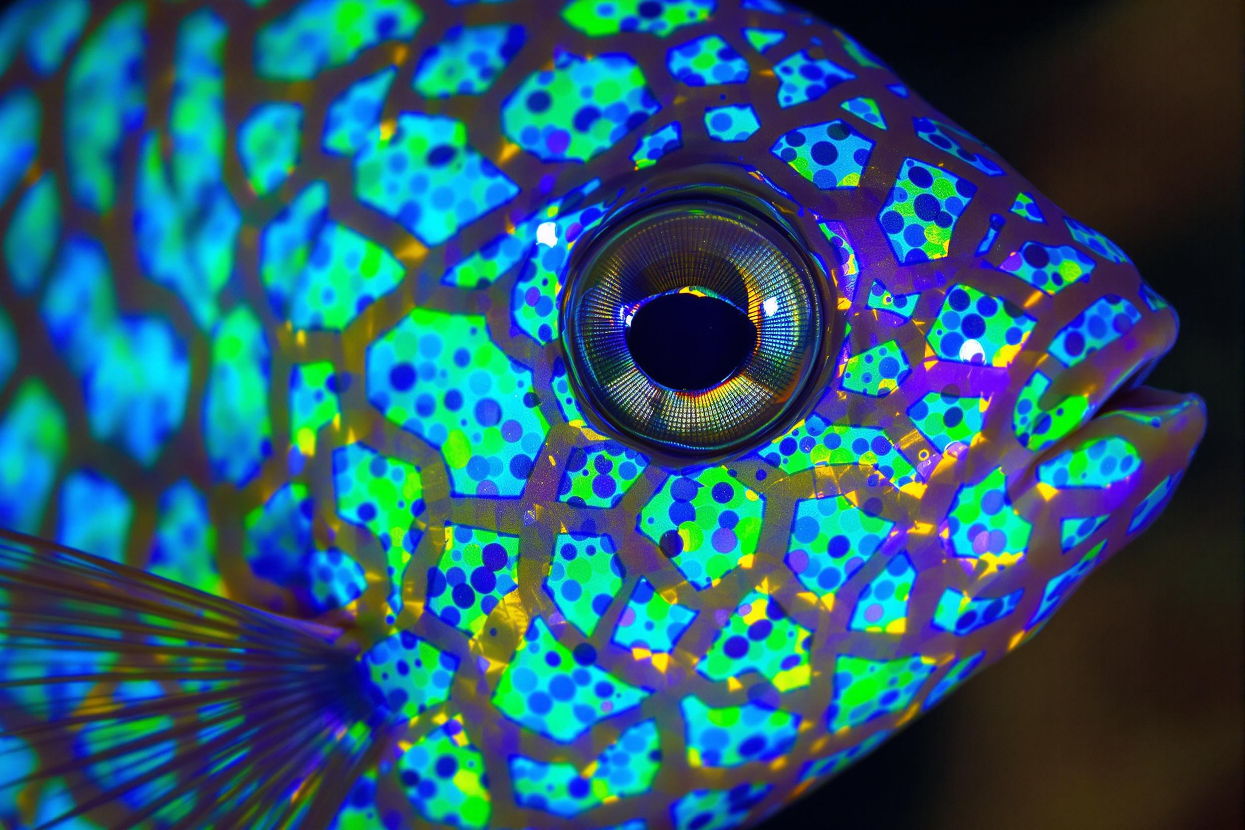 Macro photograph revealing the mesmerizing pattern of iridescent scales on a tropical fish. Vibrant blues, greens, and purples shimmer and shift with movement, creating a living mosaic of nature's design. Captured in crystal-clear detail, showcasing the intricate beauty of aquatic life.