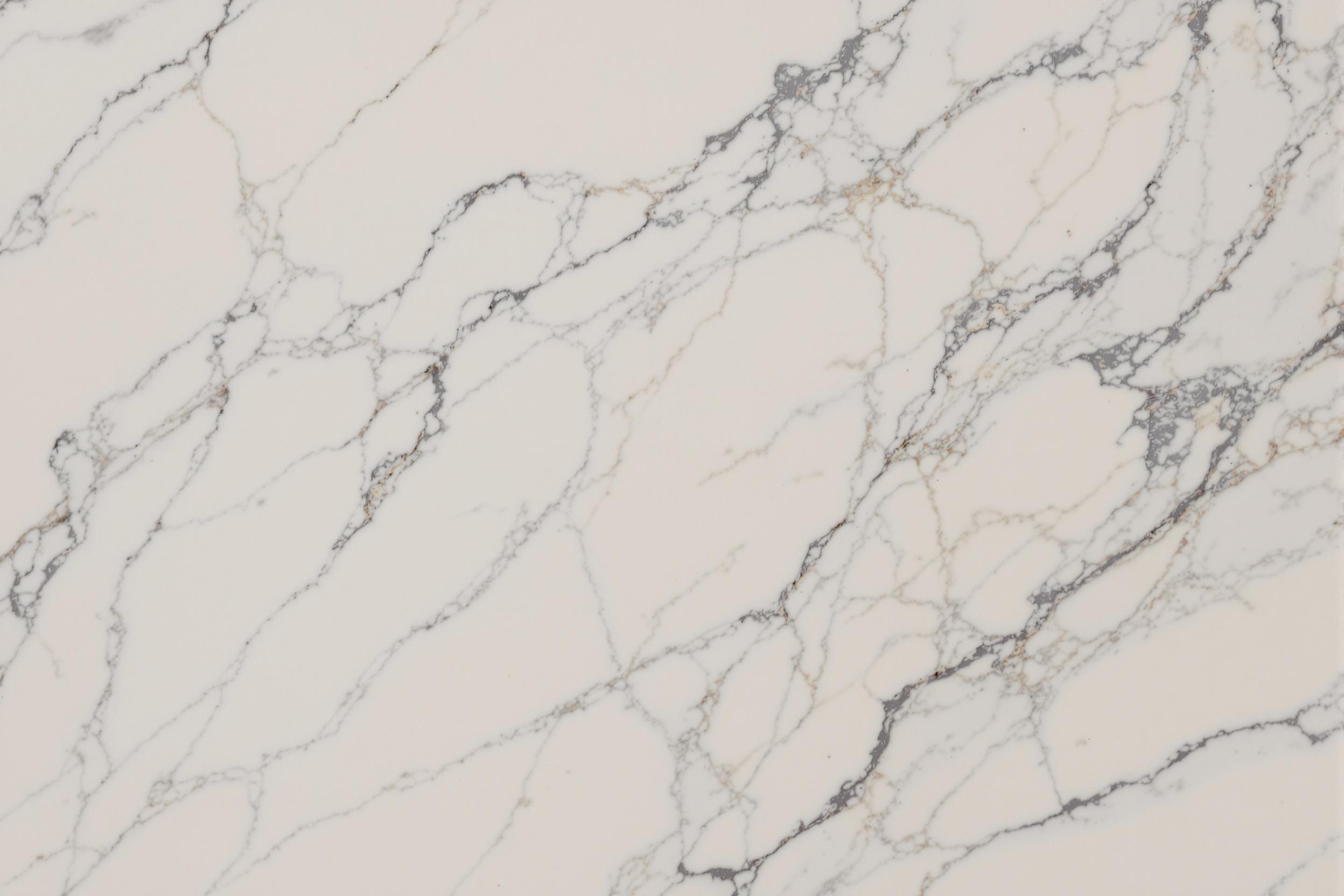 Close-up of elegant white marble with intricate grey veins creating a mesmerizing natural pattern. Smooth polished surface reflects soft light, highlighting the stone's luxurious texture and subtle color variations.