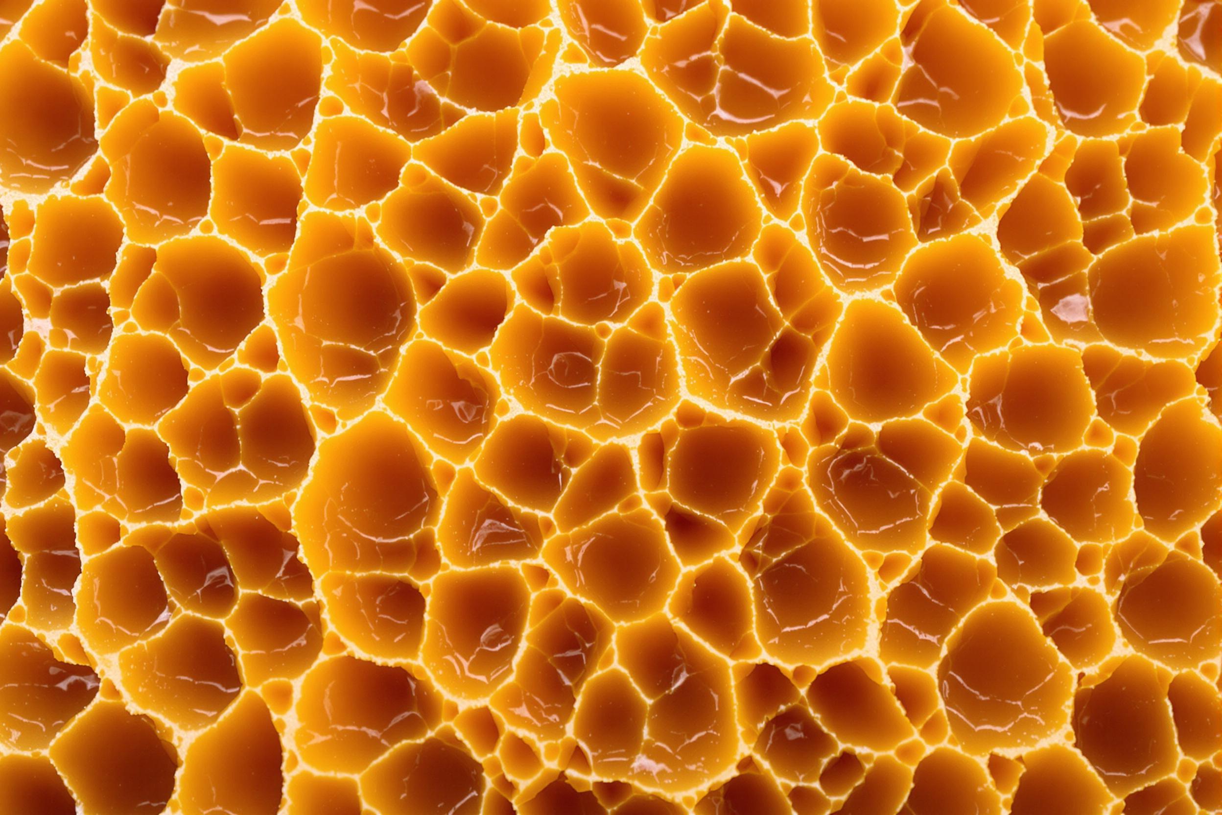 Close-up of honeycomb toffee revealing intricate geometric patterns. Golden bubbles form a mesmerizing fractal structure, showcasing nature's mathematical precision in confectionery. A feast for eyes and taste buds alike.