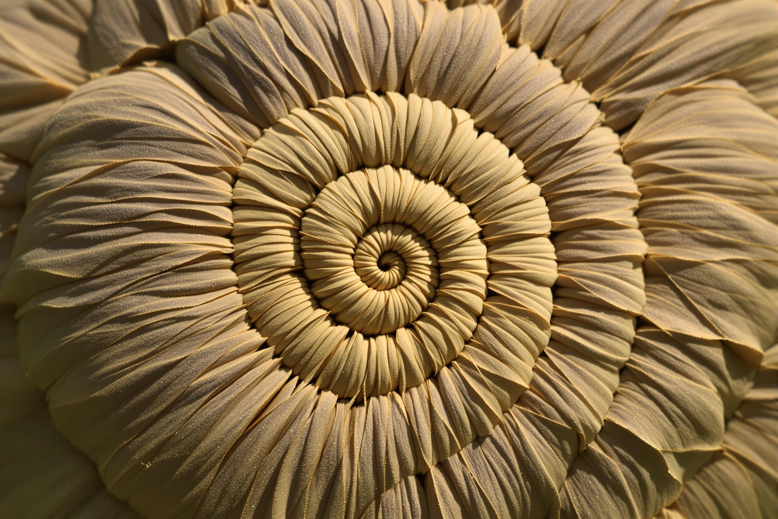 Close-up photograph of a dried lotus seed pod, showcasing its intricate spiral pattern. The image captures the pod's natural geometry, highlighting the interplay of light and shadow on its textured surface, creating a mesmerizing visual rhythm.