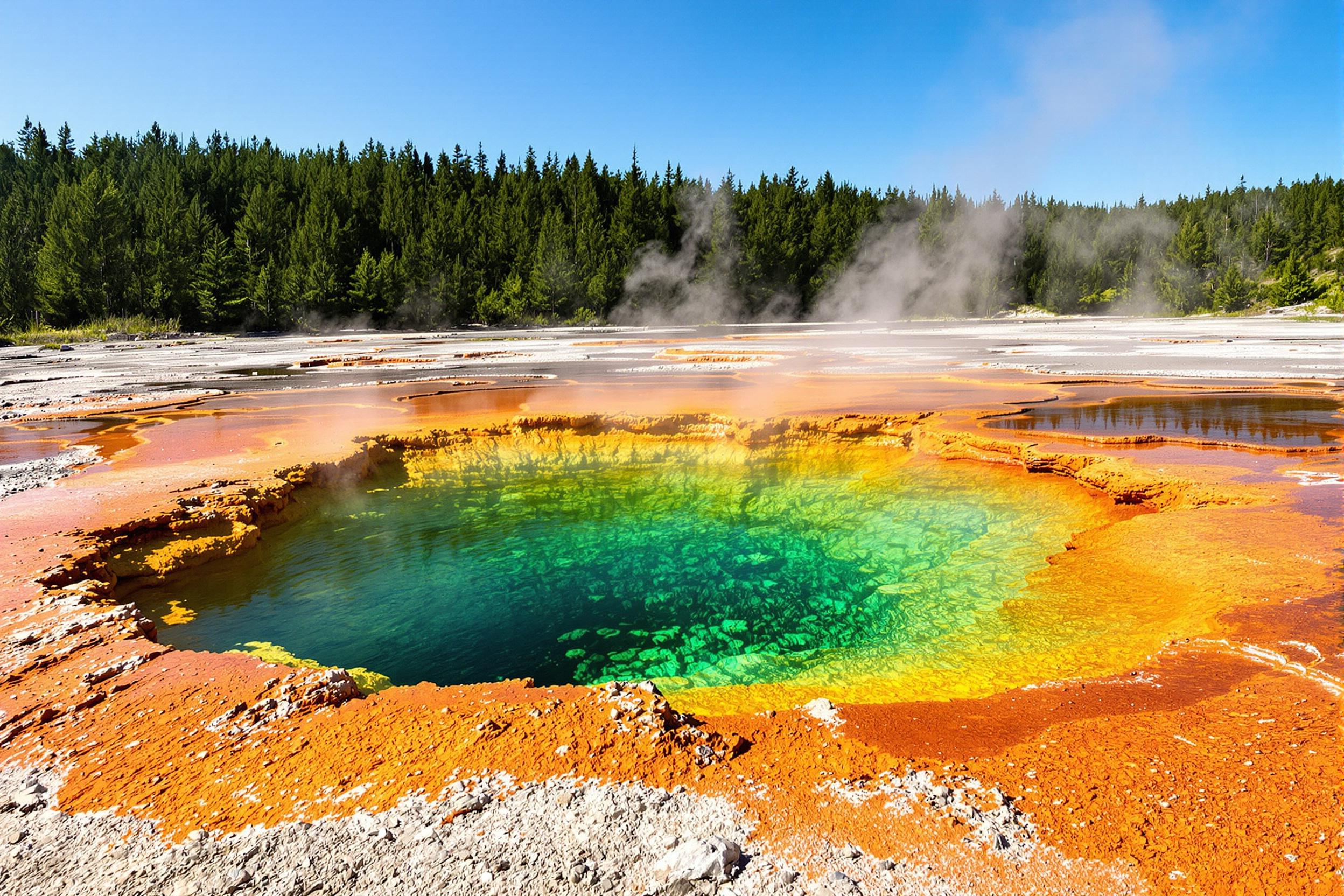 A breathtaking thermal spring emerges in a vibrant natural landscape, surrounded by mineral-rich deposits exhibiting hues of orange, yellow, and green. The clear, steaming water contrasts beautifully against the textured ground, dotted with crystalline formations. Lush greenery encircles the scene, while bright sunlight illuminates the dynamic colors and steam rising gently into the air.