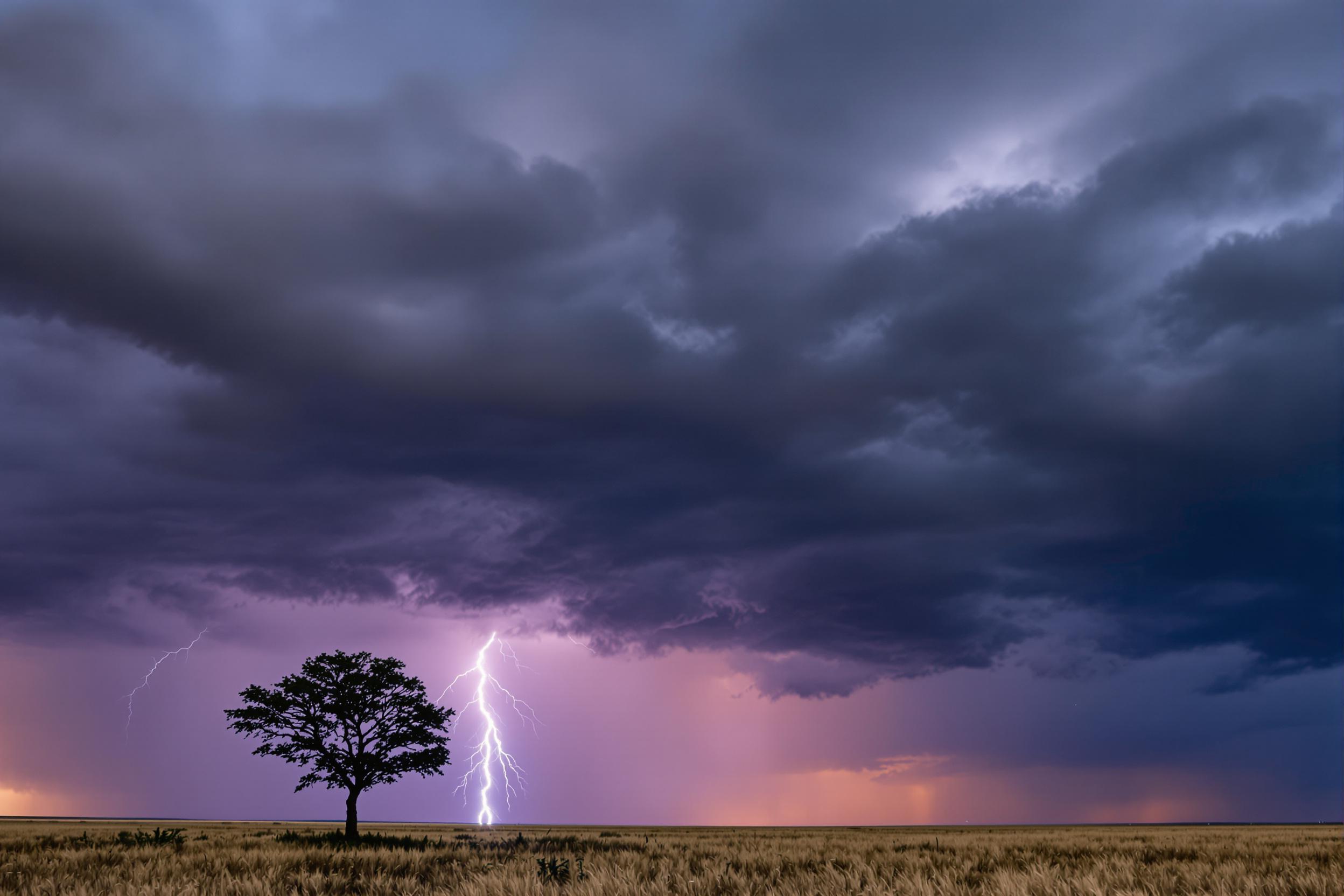 Beneath a tumultuous late-afternoon sky, a solitary tree stands in vast open plains. Dark storm clouds churn around the horizon, pierced occasionally by vivid bolts of white lightning. The stark landscape is defined by deep contrasts, as pale grasses ripple under gusty winds. Faint hues of purple mix within the cloudy twilight backdrop.