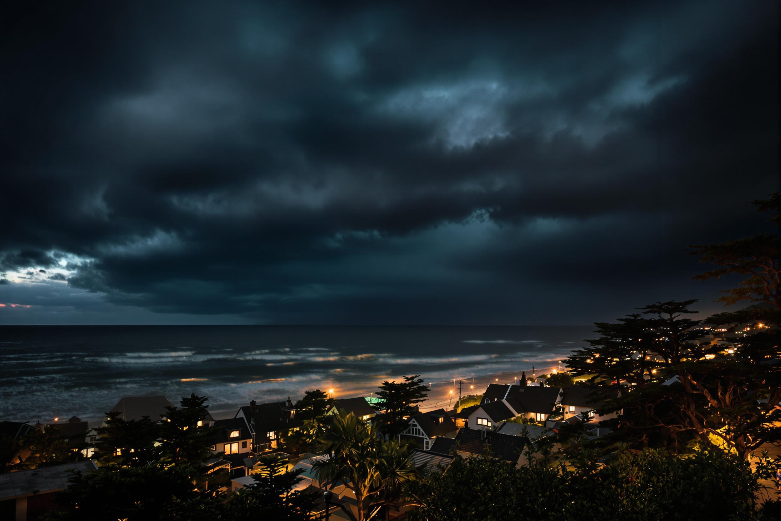 An ominous thunderstorm looms over a quaint coastal town at dusk. Dark, swirling clouds dominate the sky, casting shadows over the charming cottages with warm lights glowing through their windows. The turbulent sea reflects the chaos above, with crashing waves illuminating the shoreline. Trees sway dramatically in the rising winds, creating a sense of impending drama.