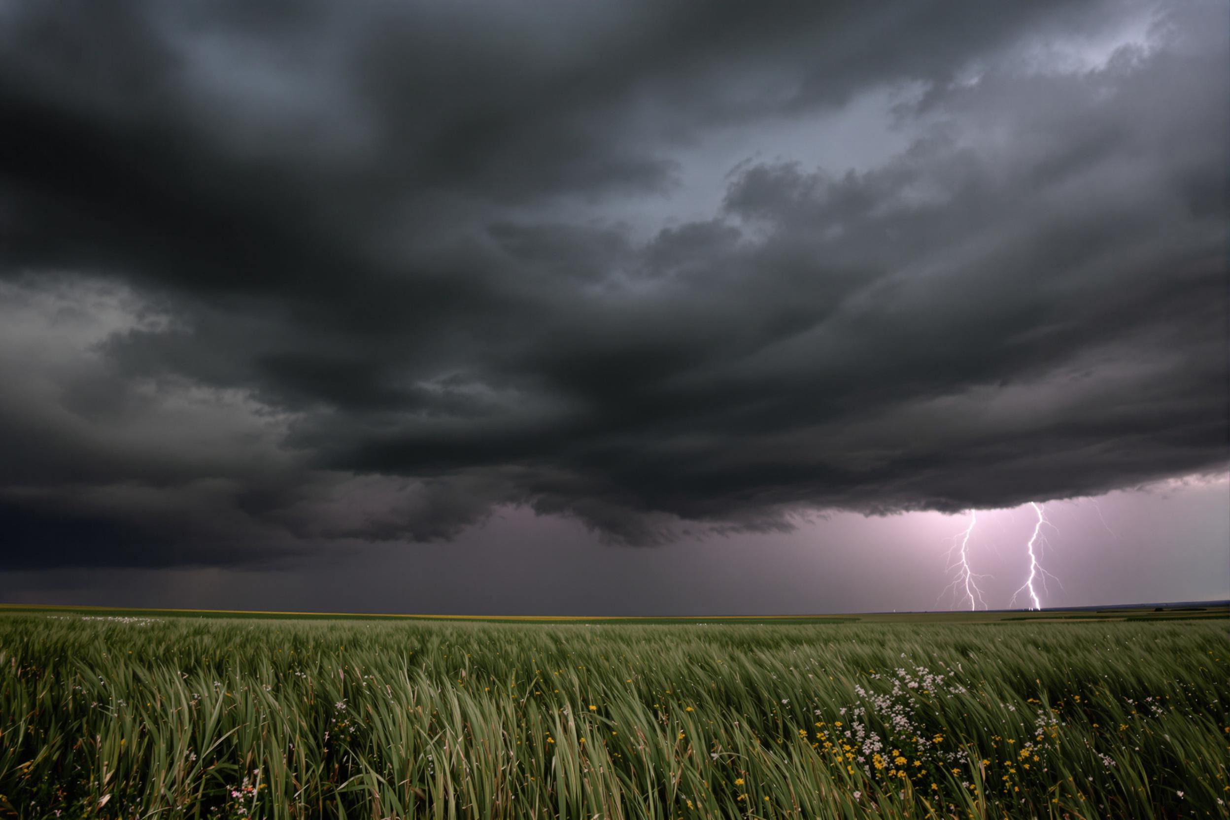 A dramatic thunderstorm sweeps across an expansive prairie landscape as dark, ominous clouds roll in. Flashes of bright lightning illuminate the scene, striking against the vast canvas of gray and black. The wind whips through tall grasses that bend beneath its force. Small patches of wildflowers peek through, contrasting the impending storm as droplets begin to fall, promising a fierce downpour.