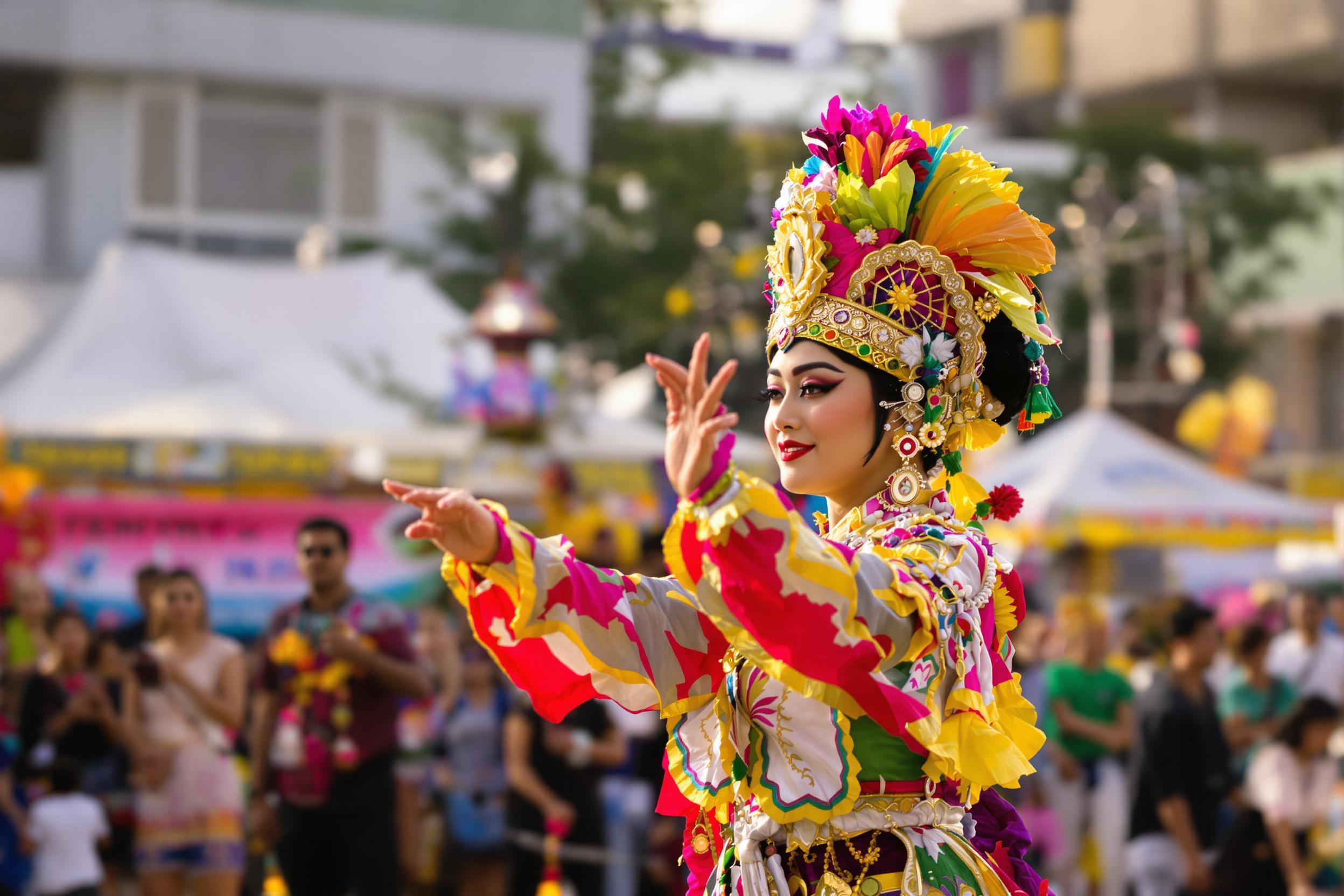 A traditional dancer moves gracefully at a lively open-air festival. Clad in an elaborate costume adorned with bright colors, intricate patterns, and embellishments, she captures attention with her expressive gestures. The late afternoon sun bathes the scene in a warm glow, highlighting delicate details while a blurred crowd adds context and energy.