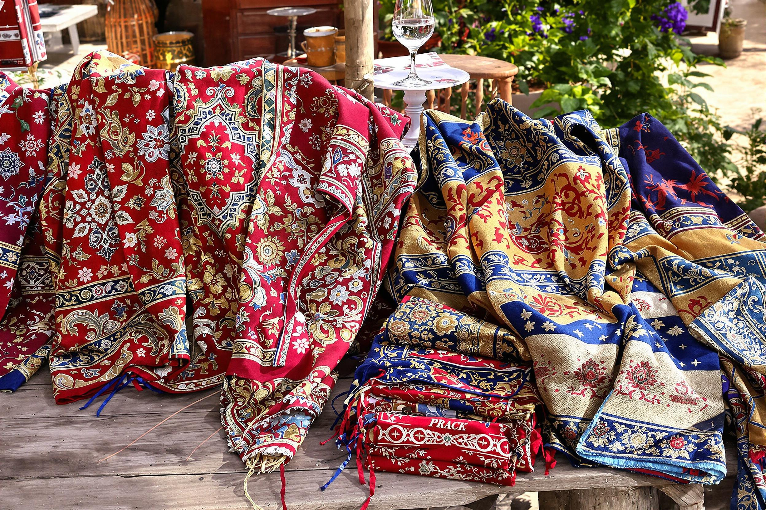 A rustic wooden table showcases a vibrant display of traditional fabric patterns, intricately draped across its surface. Handwoven textiles in rich hues of red, blue, and gold are arranged artfully, highlighting the distinct textures and designs. Warm afternoon sunlight bathes the scene, enhancing the inviting ambiance.