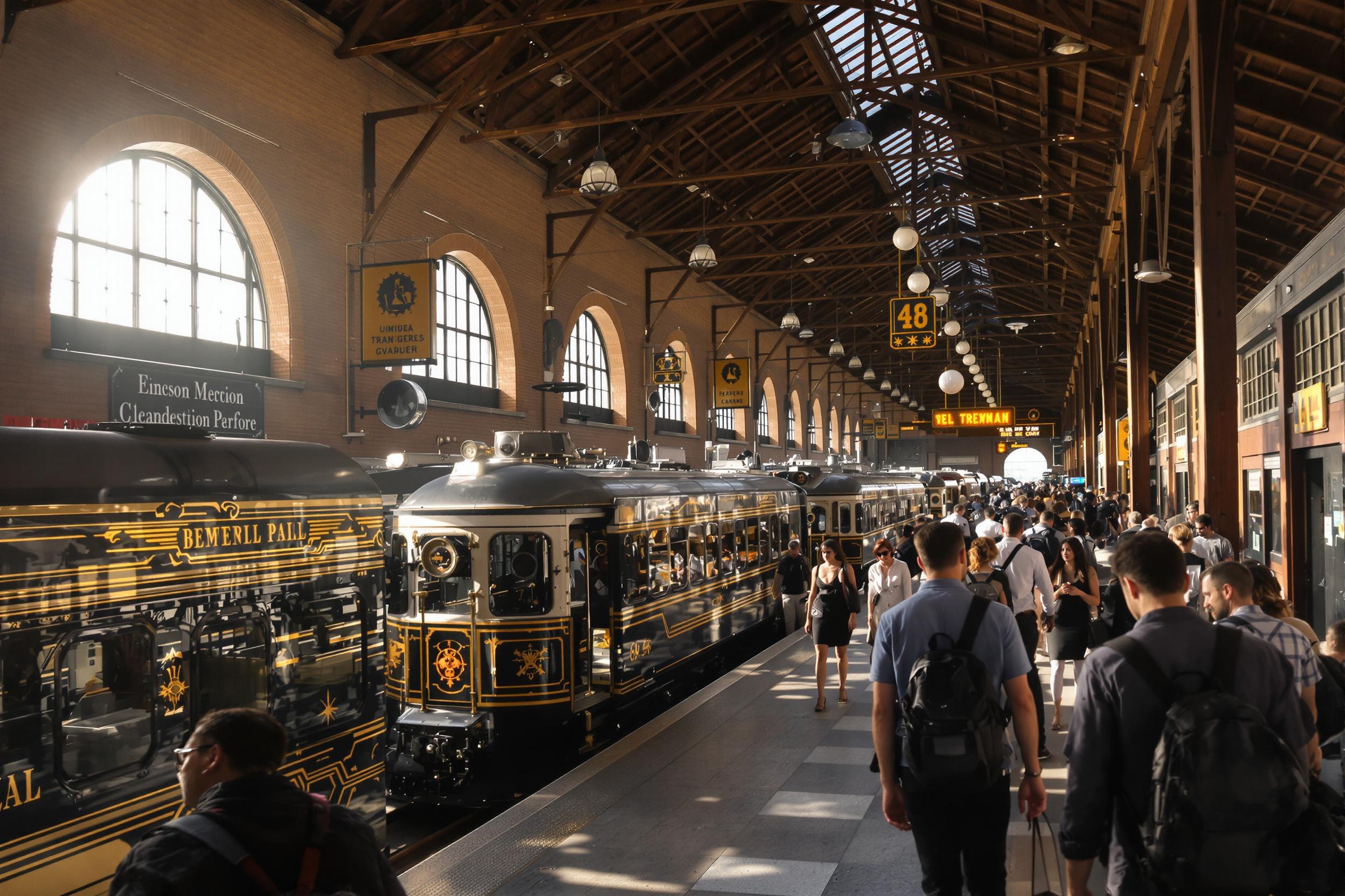 A bustling train station captures the energy of late afternoon travel. Vintage trains sit elegantly along the platform, their classic designs gleaming under warm sunlight streaming through large arched windows. Travelers of diverse backgrounds move purposefully, some checking tickets while others await loved ones. The rich textures of aged wood and metal contrast beautifully with the lively atmosphere.