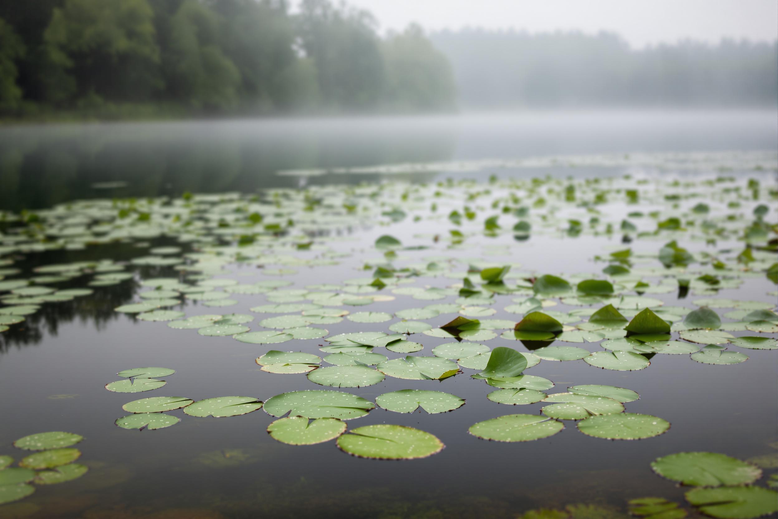 A tranquil lakeside scene enveloped in early morning fog showcases smooth water speckled with delicate green lily pads. Soft diffused light highlights faint ripples, while the blurred tree line creates ethereal reflections. Dew glimmers on the leaves, enhancing the scene's serene minimalism.