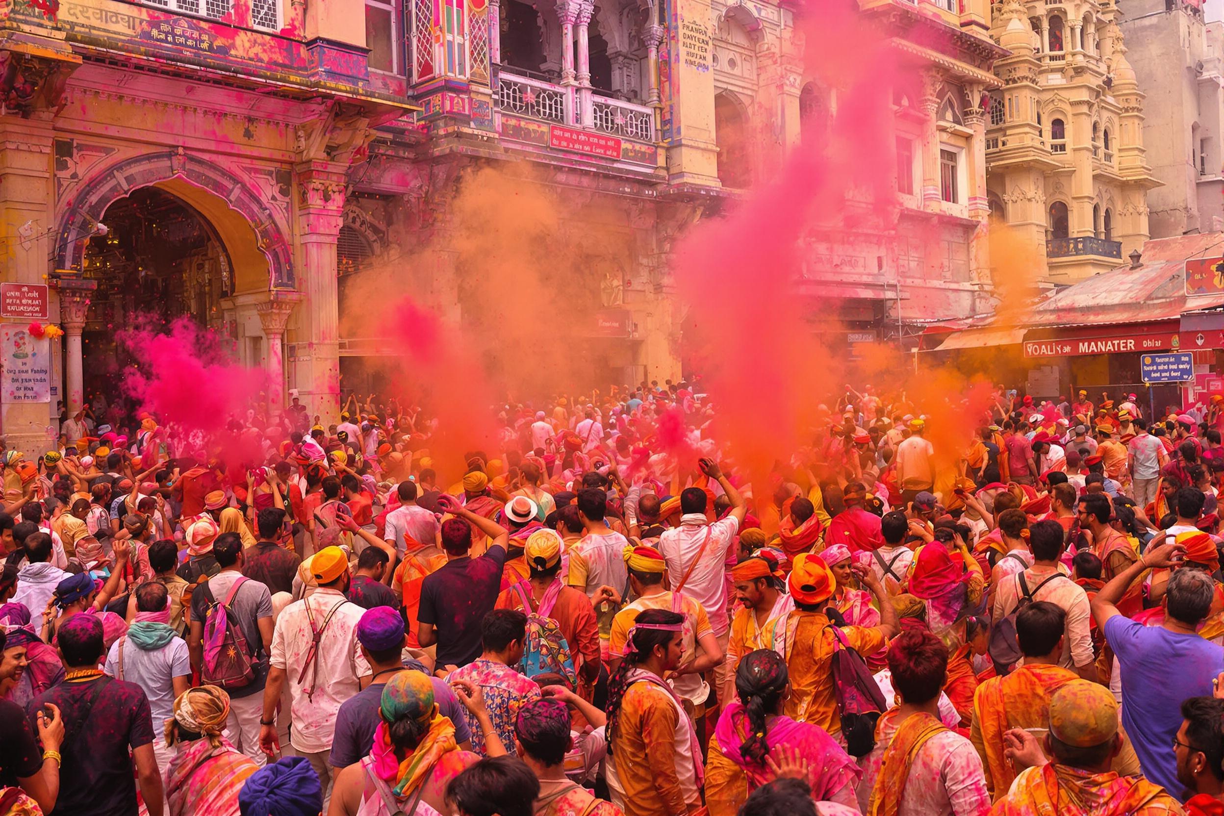 Experience the joyous chaos of Holi in Varanasi's ancient streets. Revelers covered in vibrant powders throw colors amidst historic temples, creating a kaleidoscopic scene of cultural tradition and unbridled festivity along the sacred Ganges River.