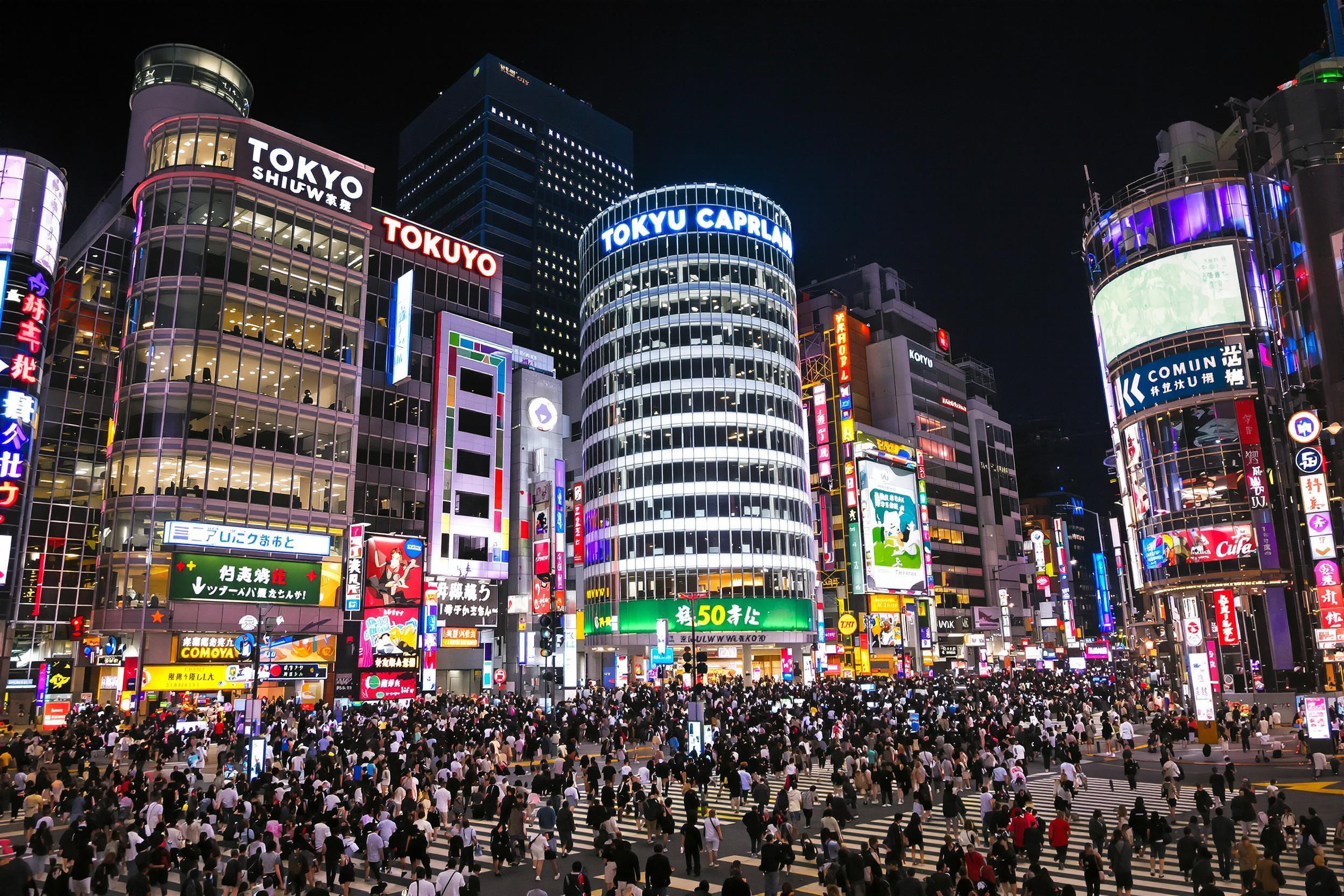 Dynamic nighttime cityscape of Tokyo's bustling Shibuya Crossing, illuminated by neon signs and filled with a sea of pedestrians. Showcases the energy and modernity of urban Japan's capital.