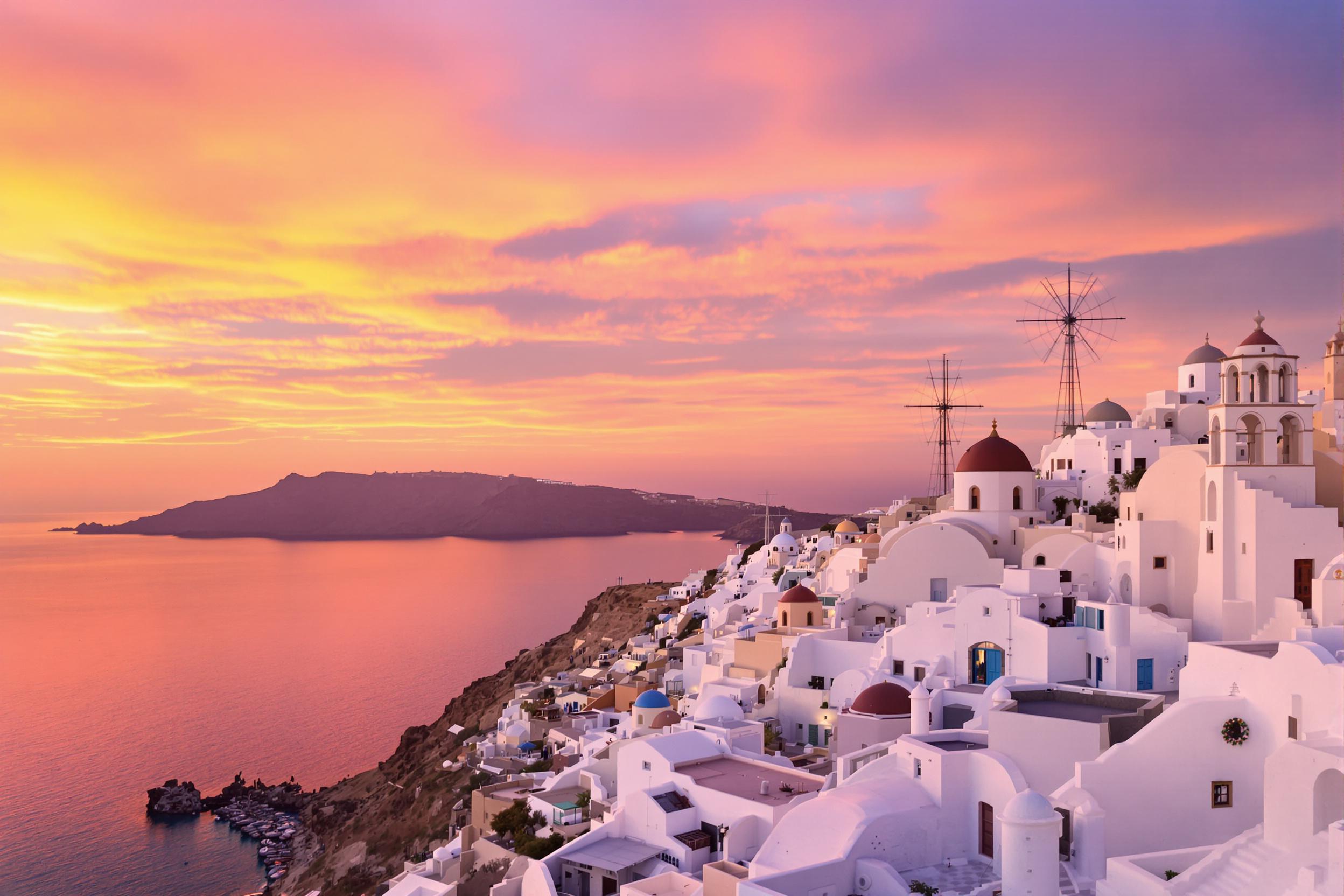 Capture the breathtaking beauty of Santorini at sunset, where the iconic white buildings glow in warm hues. This image showcases the stunning contrast between the vibrant sky and the tranquil Aegean Sea, creating a perfect travel moment. Ideal for travel enthusiasts and destination marketing.