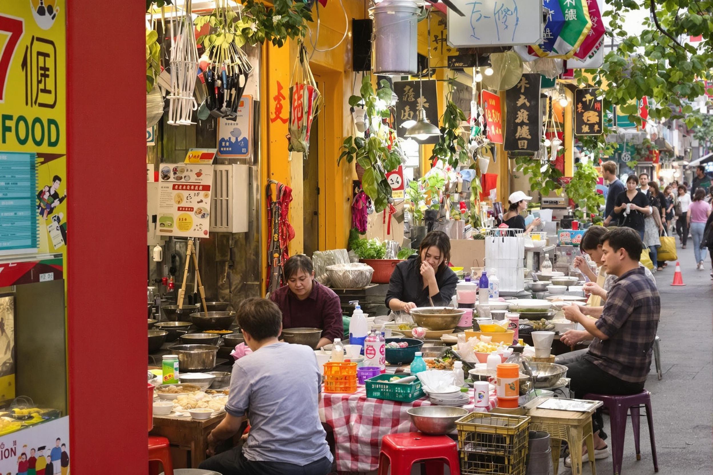 Immerse yourself in the bustling atmosphere of Hanoi's Old Quarter street food market. Colorful stalls line narrow alleys, offering a feast for the senses with steaming pots, aromatic herbs, and locals enjoying traditional dishes on tiny plastic stools.