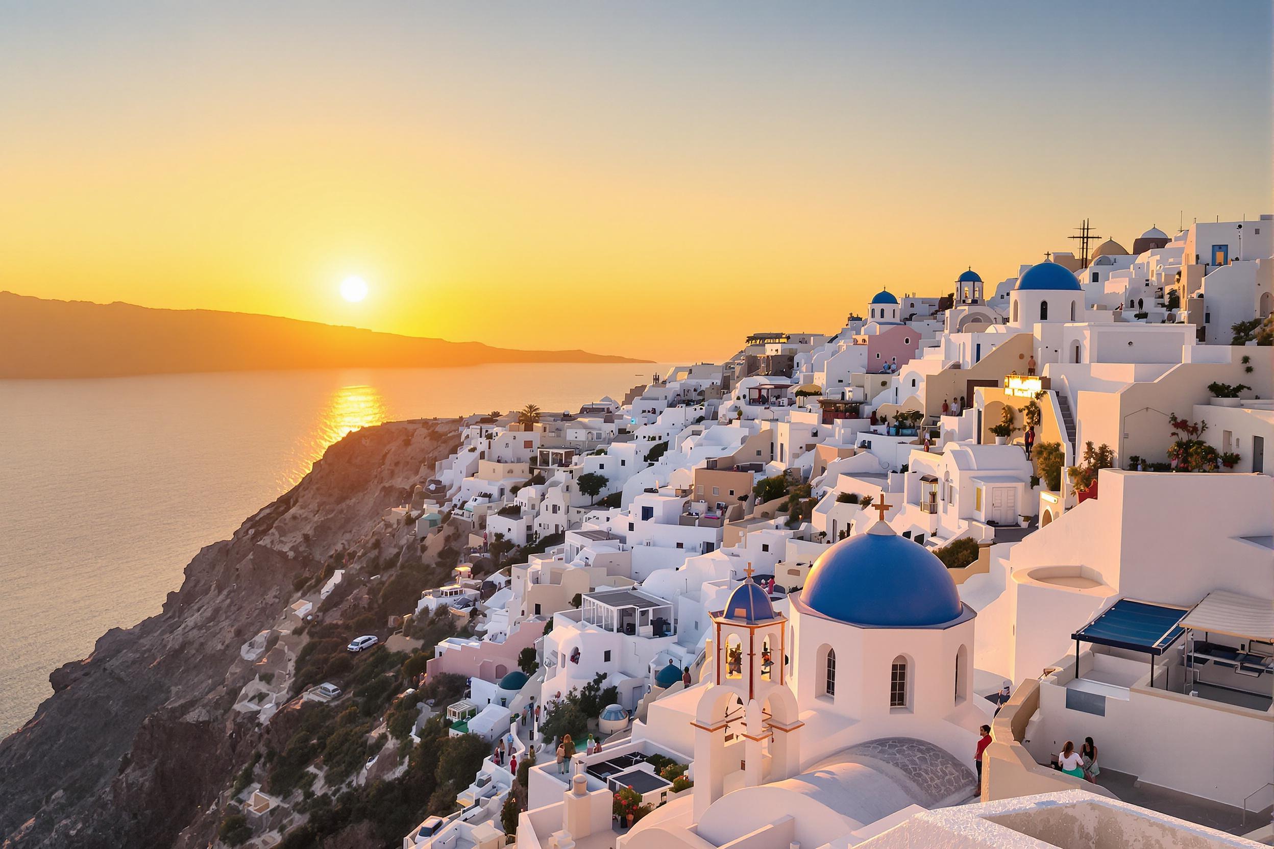 Breathtaking view of Santorini's iconic white-washed buildings and blue-domed churches perched on cliffs, bathed in the warm golden light of a Mediterranean sunset. Captures the essence of Greek island beauty and romance.