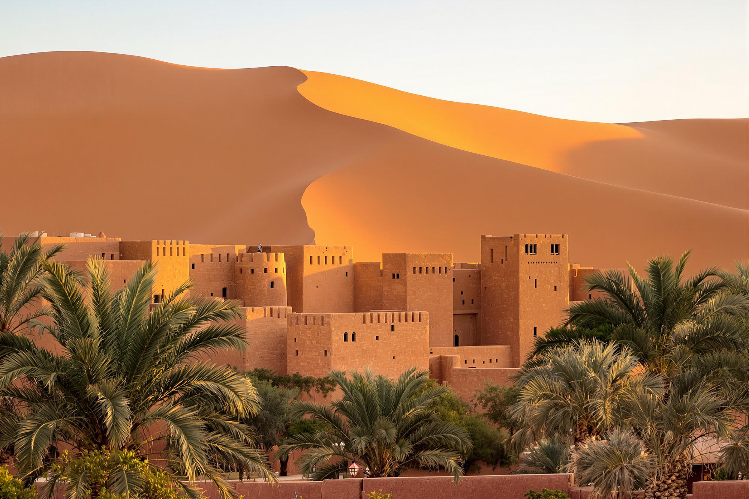 Experience the timeless allure of Morocco's desert architecture. A centuries-old mud-brick kasbah stands proudly amidst towering Saharan sand dunes, its intricate geometric patterns catching the warm light of the setting sun. Palm trees frame the scene, offering a glimpse of the lush oasis within.