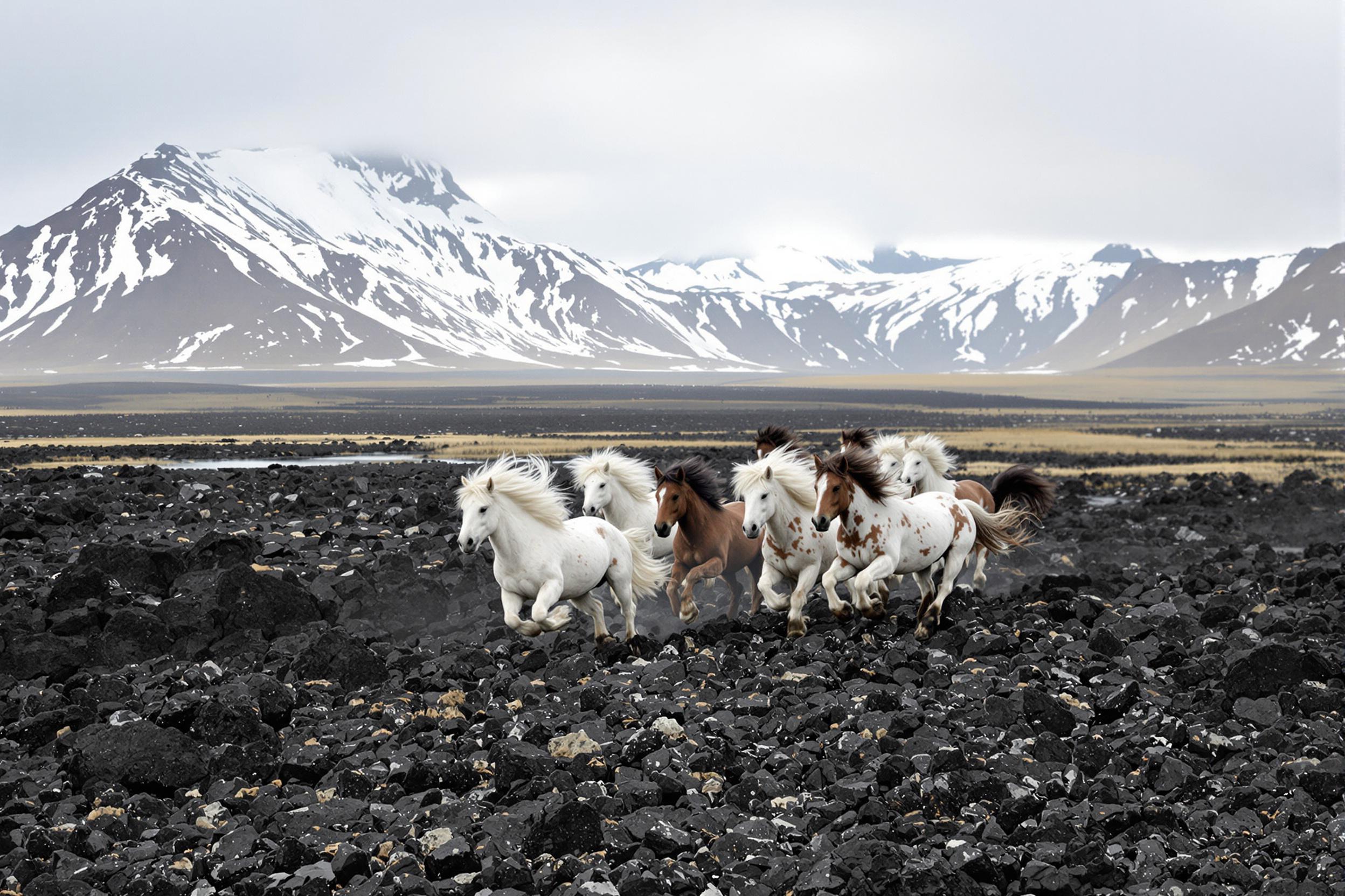 Capture the untamed beauty of Iceland with this striking image of wild Icelandic horses galloping across a rugged volcanic terrain. The horses' flowing manes contrast against the stark, otherworldly landscape of black lava fields and distant snow-capped mountains.