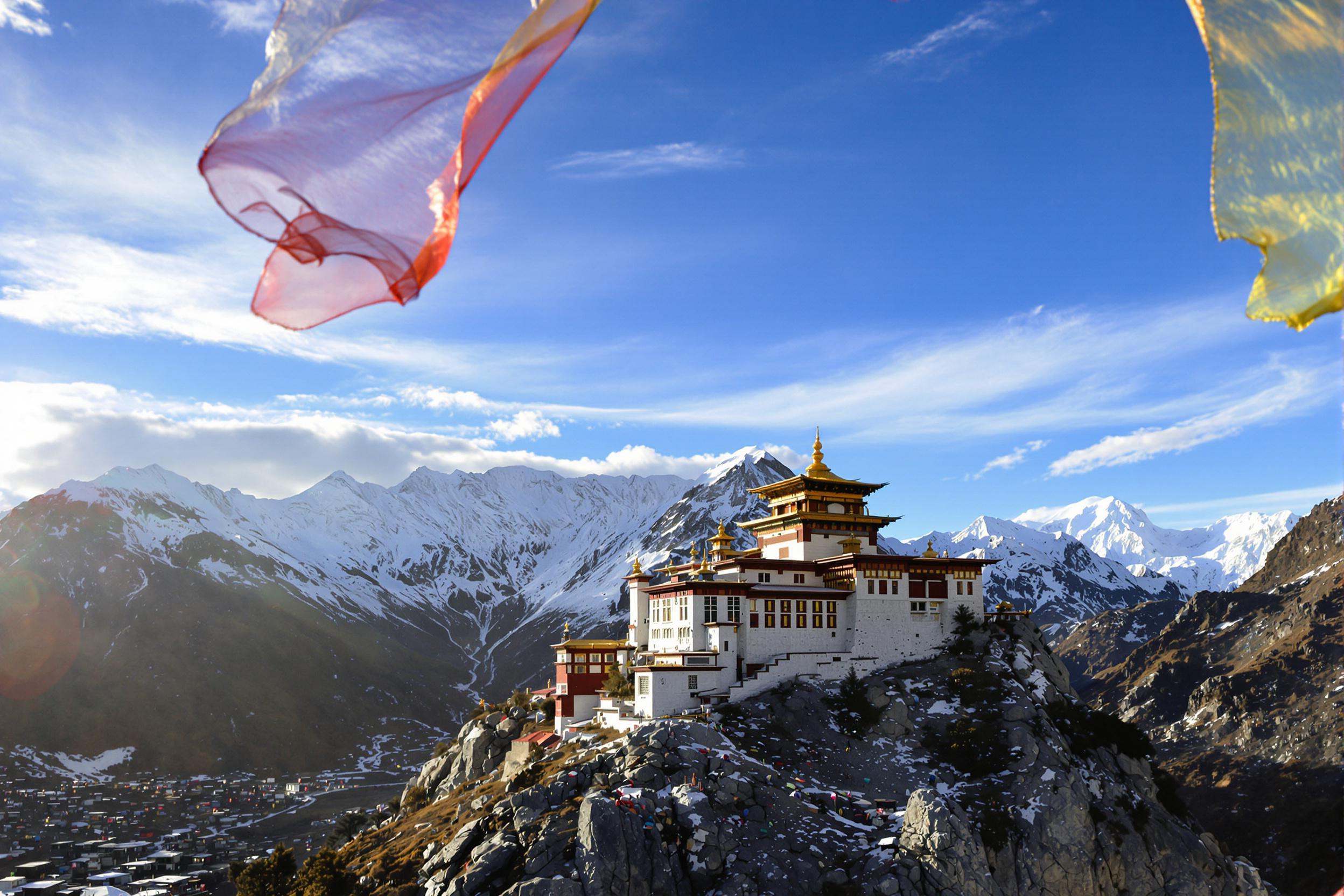 A serene Tibetan Buddhist monastery perched on a rocky outcrop in the Himalayas, bathed in the warm glow of sunrise. Prayer flags flutter in the crisp mountain air, framing the ancient structure against a backdrop of snow-capped peaks and wispy clouds.