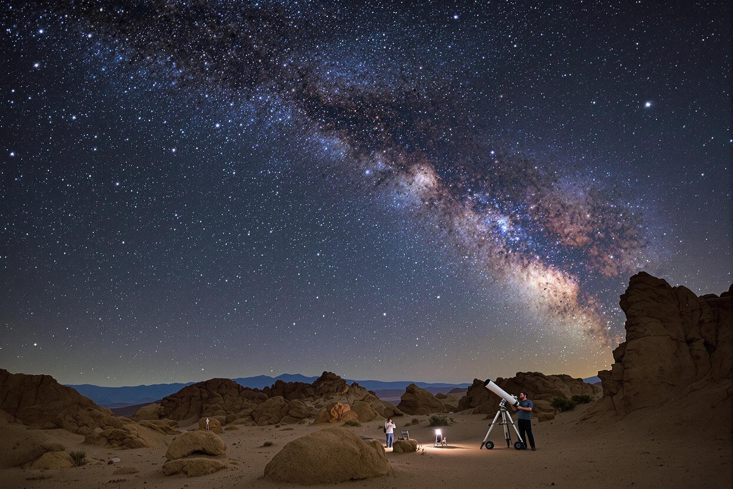 Experience the celestial marvels of Chile's Atacama Desert, one of the world's premier stargazing destinations. A lone astronomer observes the Milky Way through a powerful telescope, set against a backdrop of otherworldly rock formations and crystal-clear night skies.