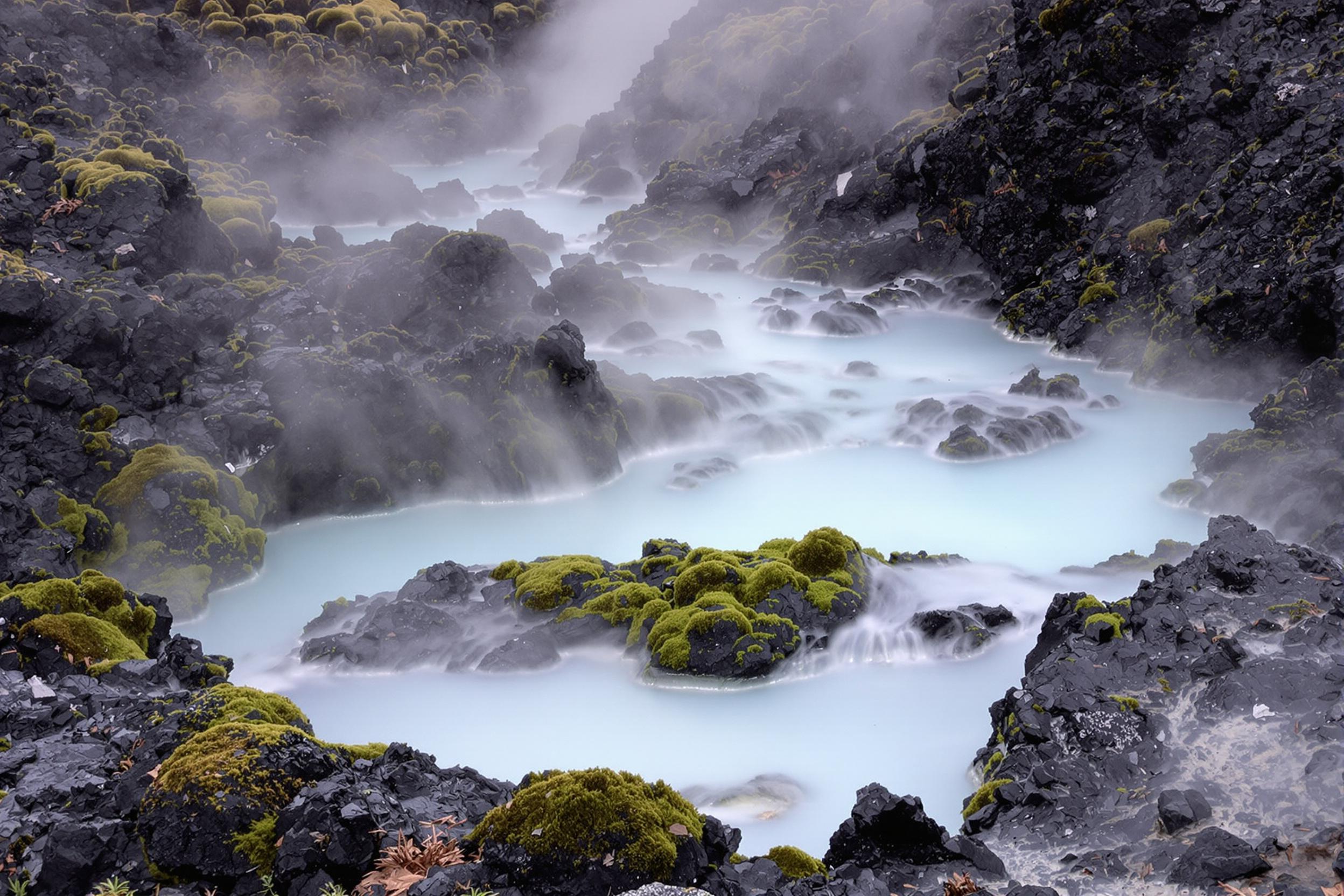 Discover the ethereal beauty of Iceland's hidden thermal springs. Steam rises from milky blue waters nestled among moss-covered lava rocks, creating a serene oasis in the midst of a stark volcanic landscape. The image captures nature's raw power and soothing tranquility.