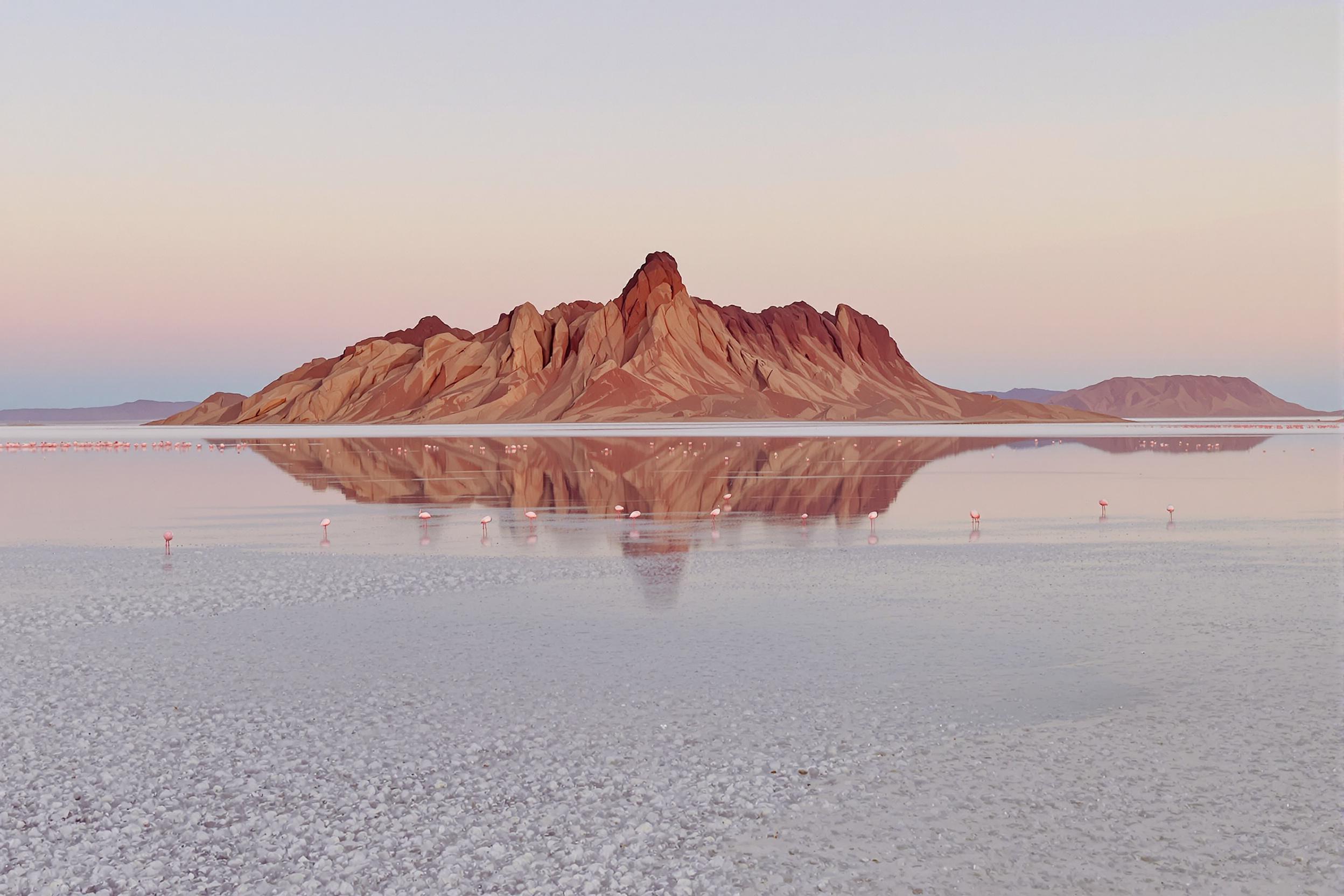 Experience the otherworldly beauty of Salar de Tara in Chile's Atacama Desert at sunrise. Flamingos wade through shallow, crystalline waters reflecting the pastel sky, while jagged rock formations create a dramatic backdrop in this lesser-known salt flat.