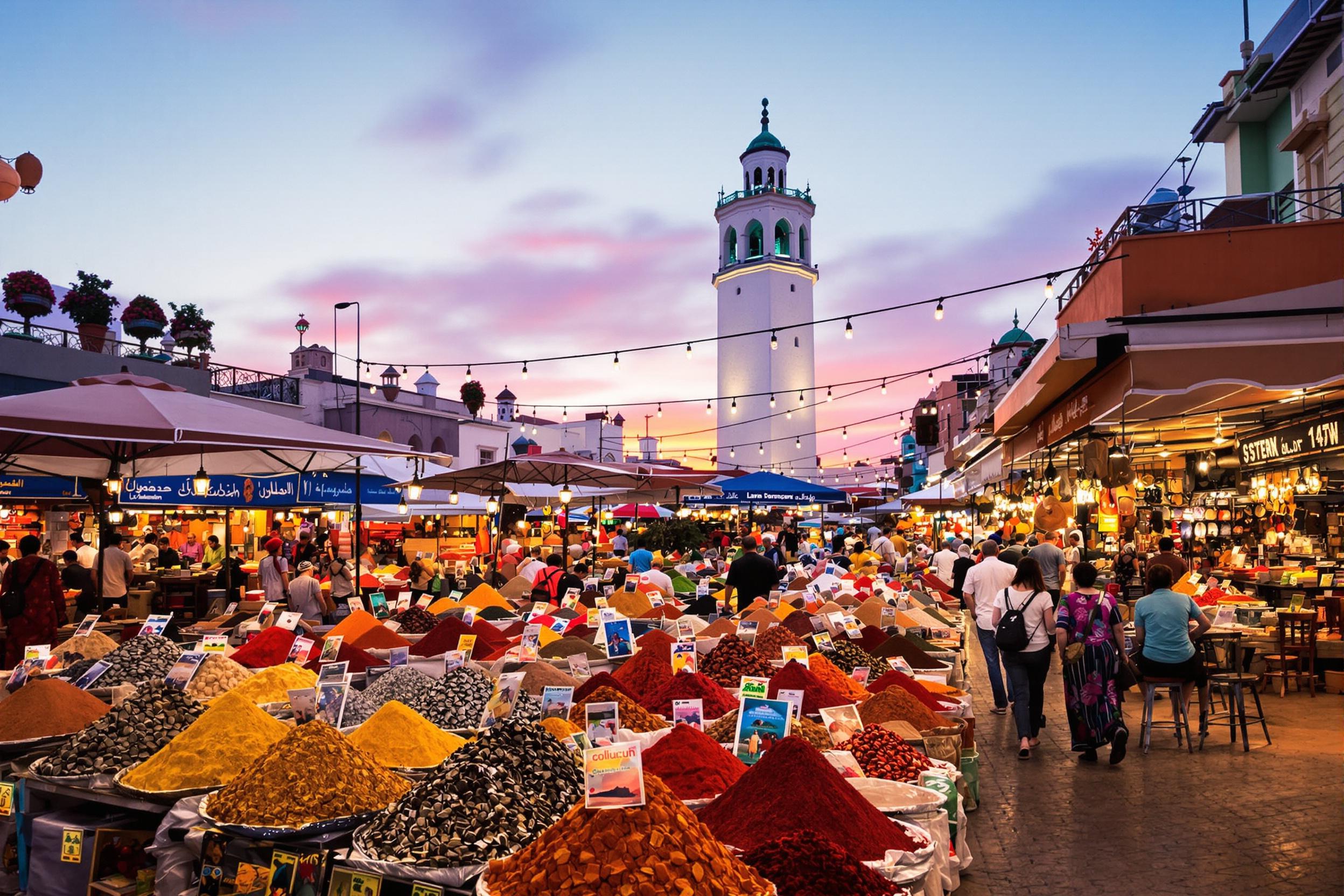 Immerse yourself in the sensory explosion of a traditional Moroccan spice market as the sun sets. Colorful mounds of aromatic spices create a tapestry of hues, while lanterns cast a warm glow over bustling shoppers and animated vendors in traditional attire.